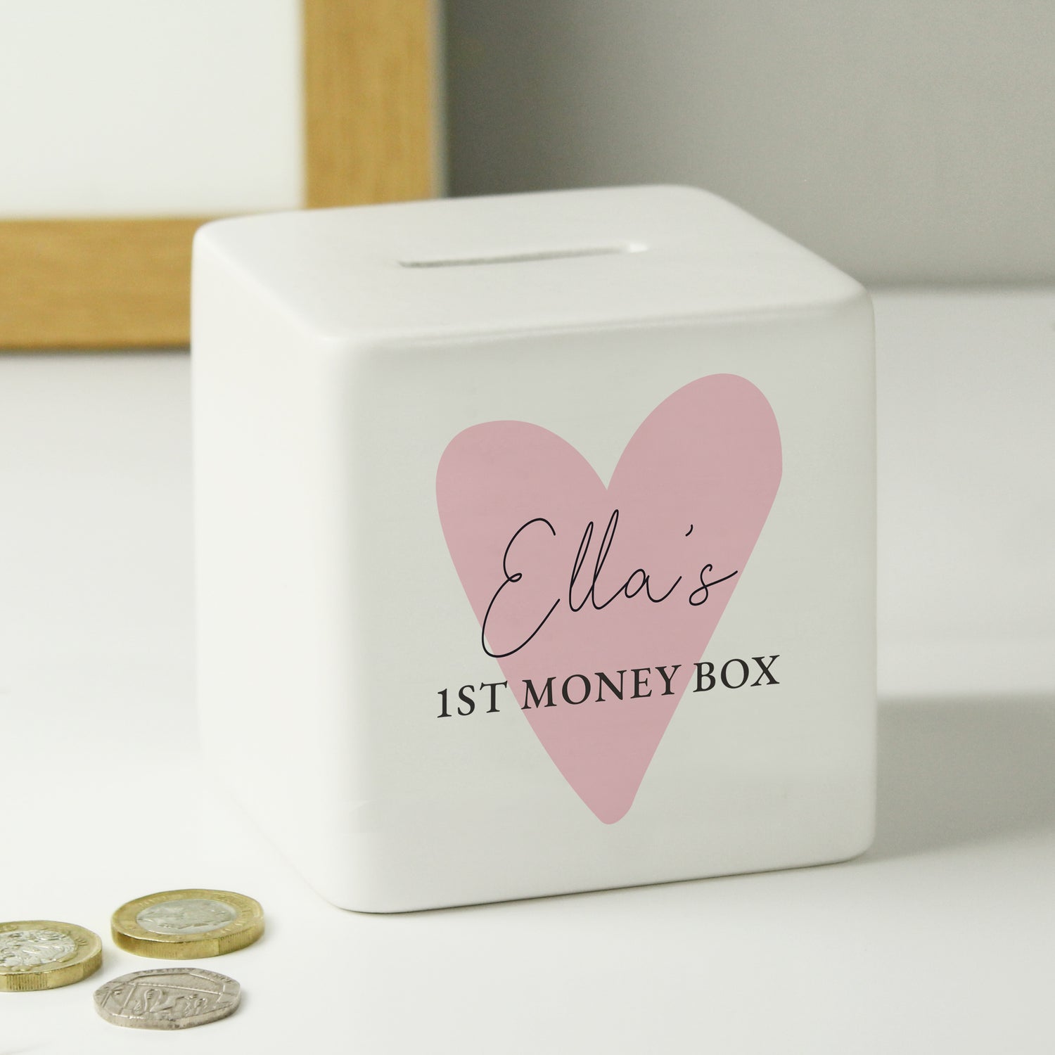 Personalised Pink Heart Ceramic Square Money Box - gift & personalise