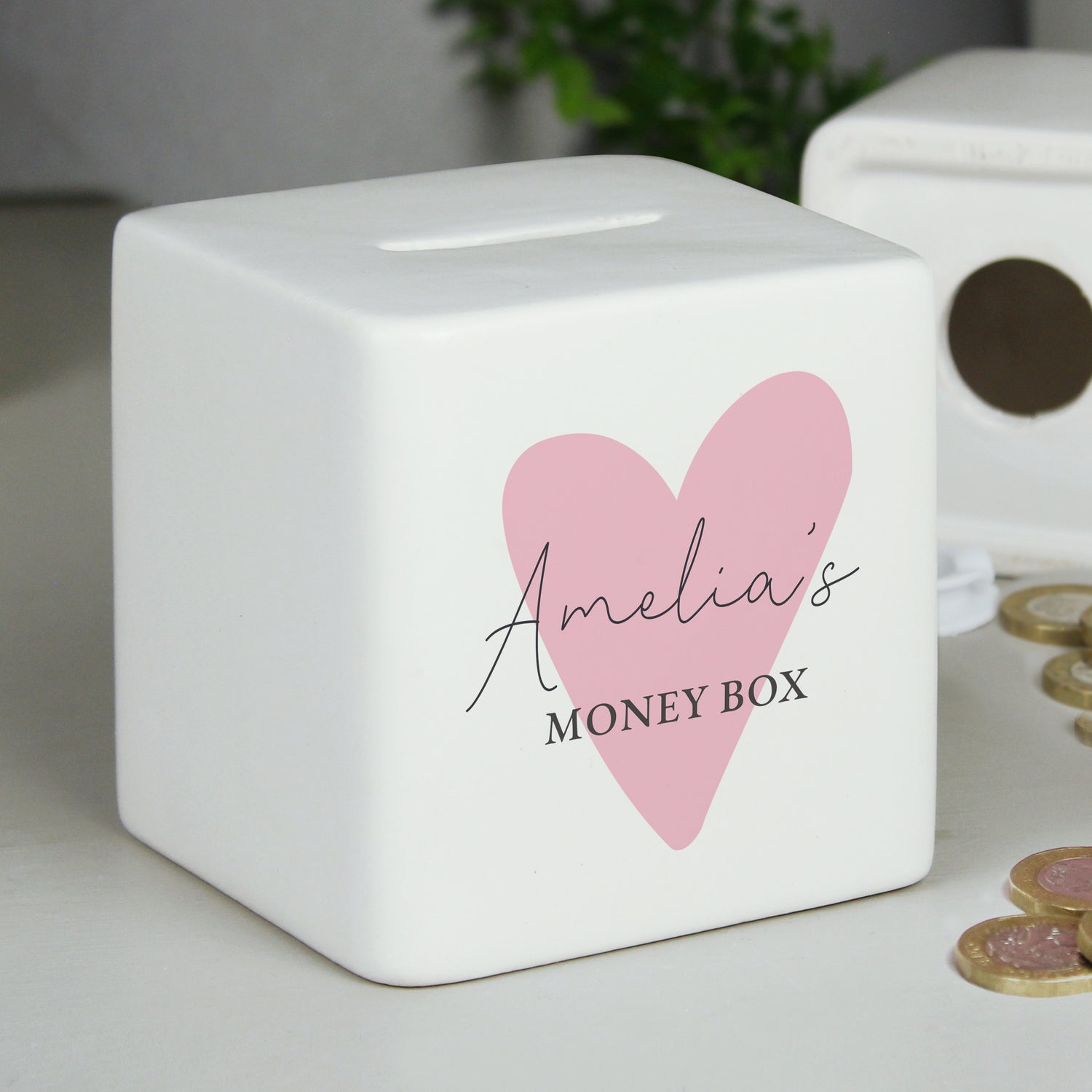 Personalised Pink Heart Ceramic Square Money Box - gift & personalise