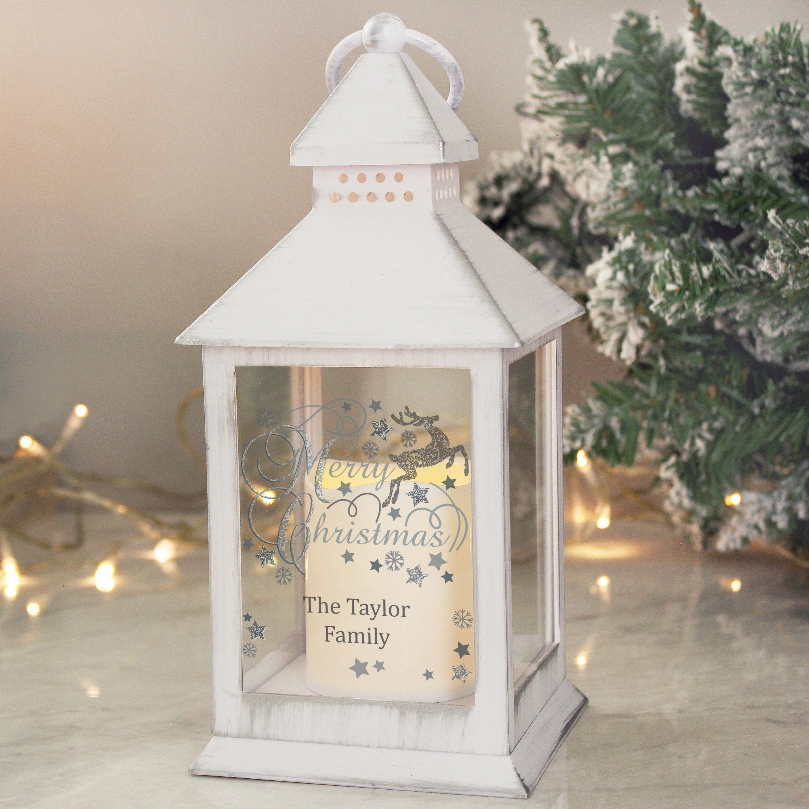 Personalised Silver Reindeer White Lantern - gift & personalise