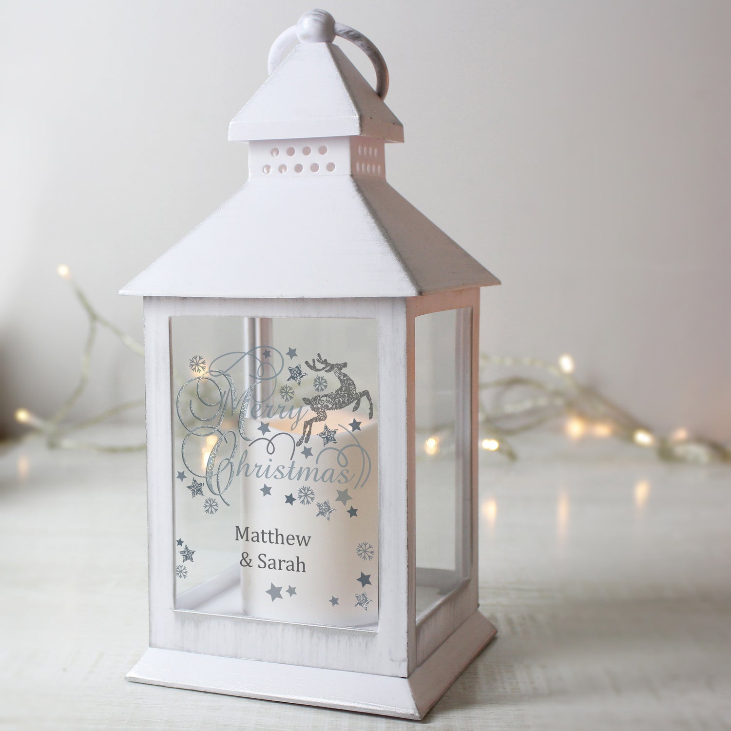 Personalised Silver Reindeer White Lantern - gift & personalise