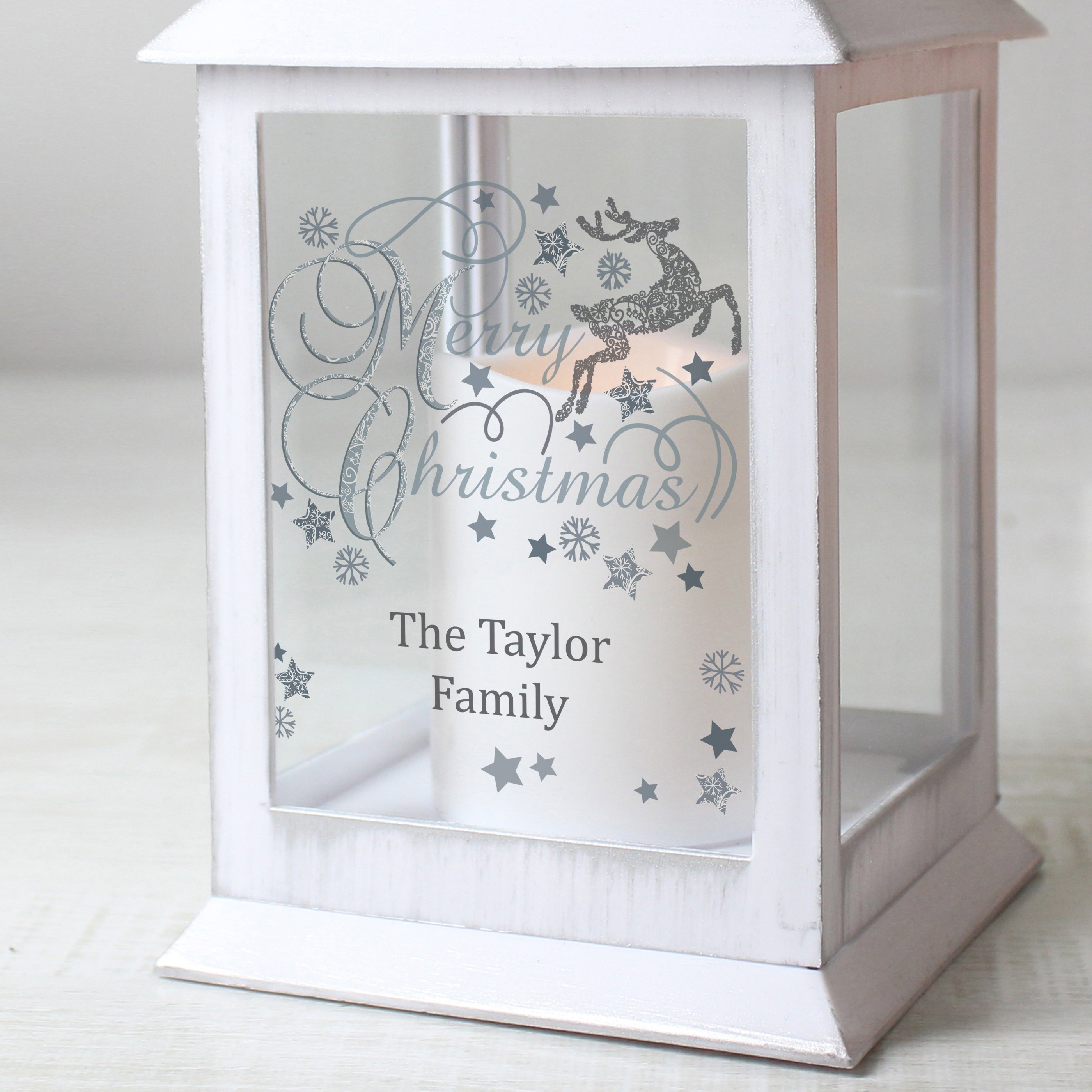 Personalised Silver Reindeer White Lantern - gift & personalise