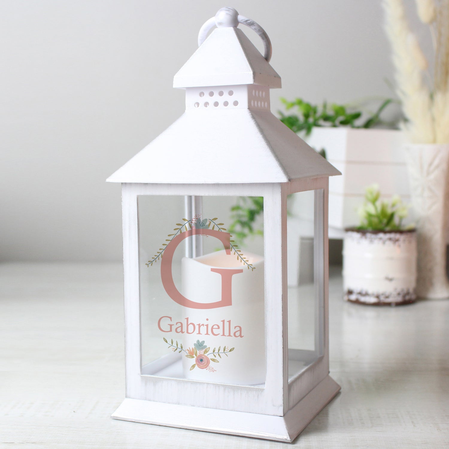 Personalised Floral Bouquet White Lantern - gift & personalise