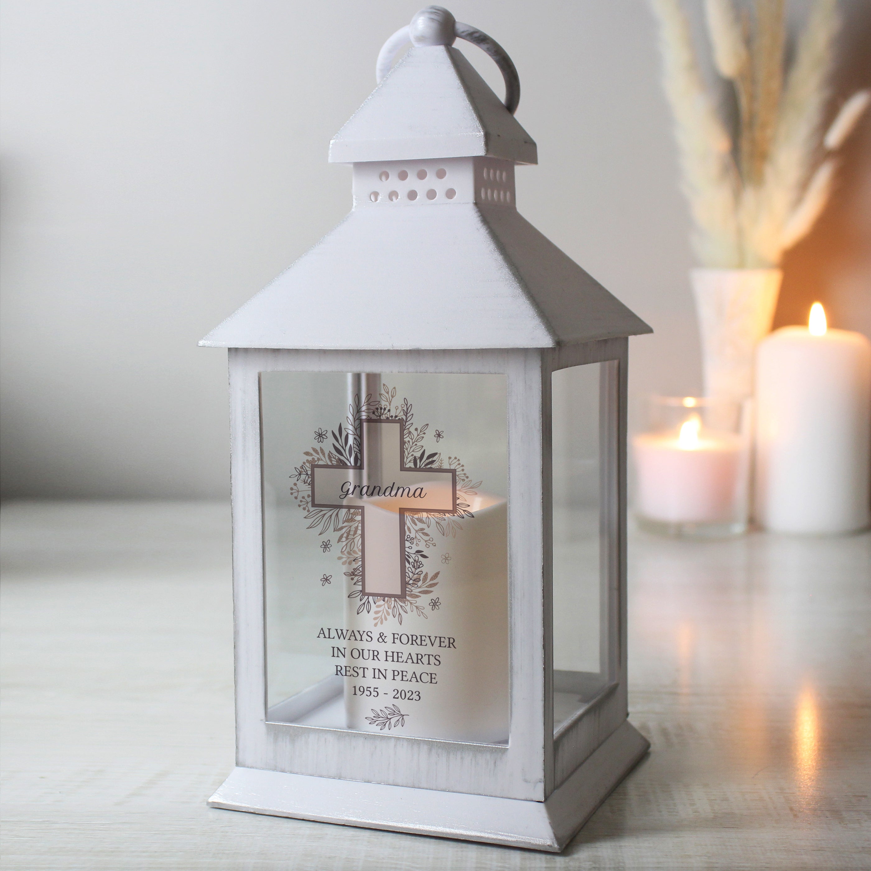 Personalised Floral Cross White Lantern - gift & personalise