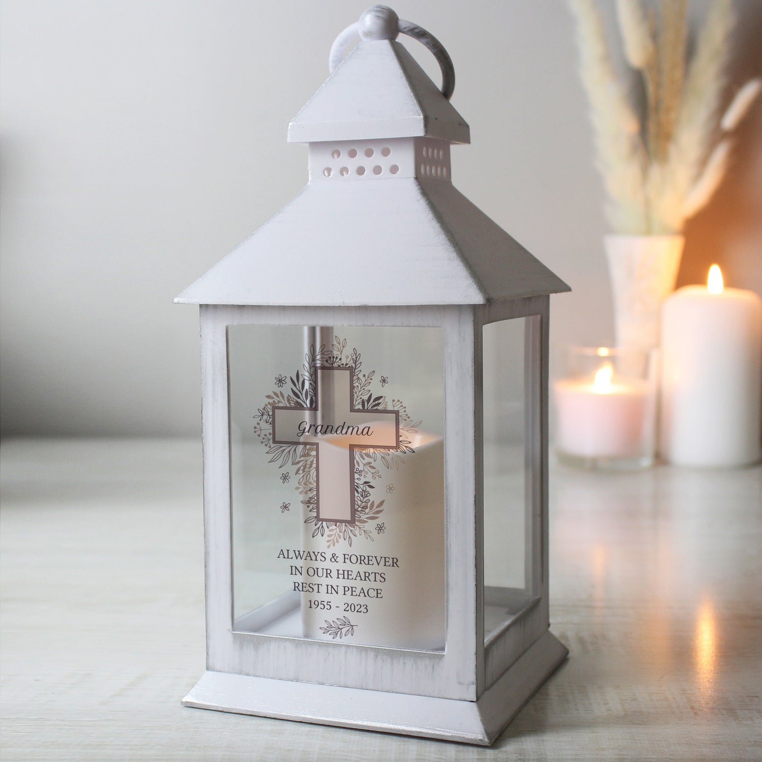 Personalised Floral Cross White Lantern - gift & personalise