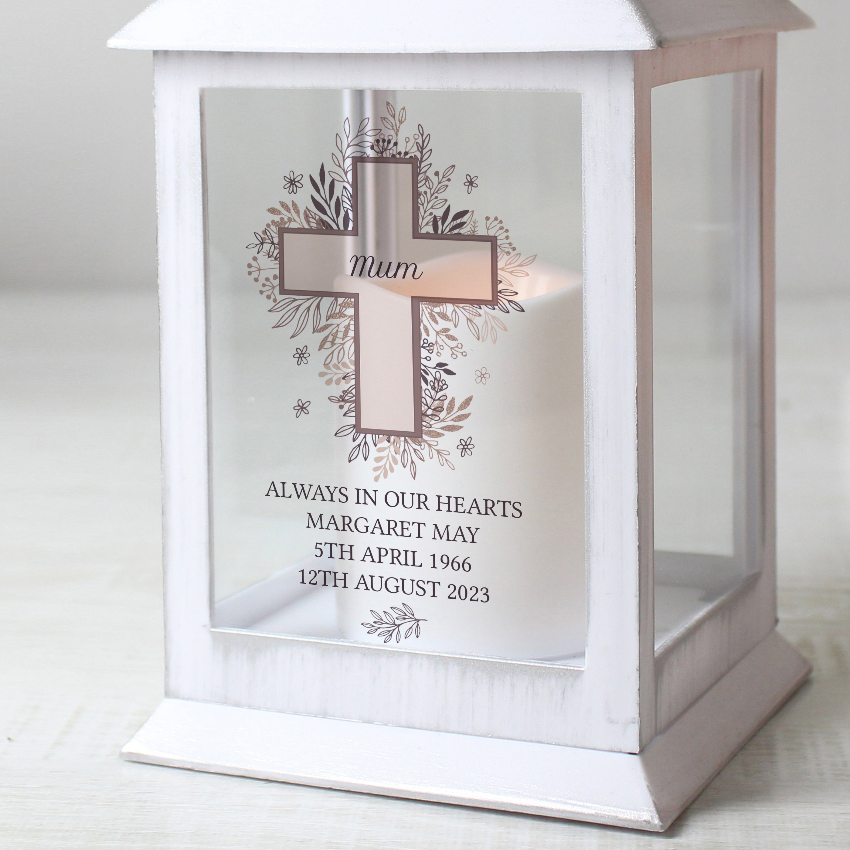 Personalised Floral Cross White Lantern - gift & personalise