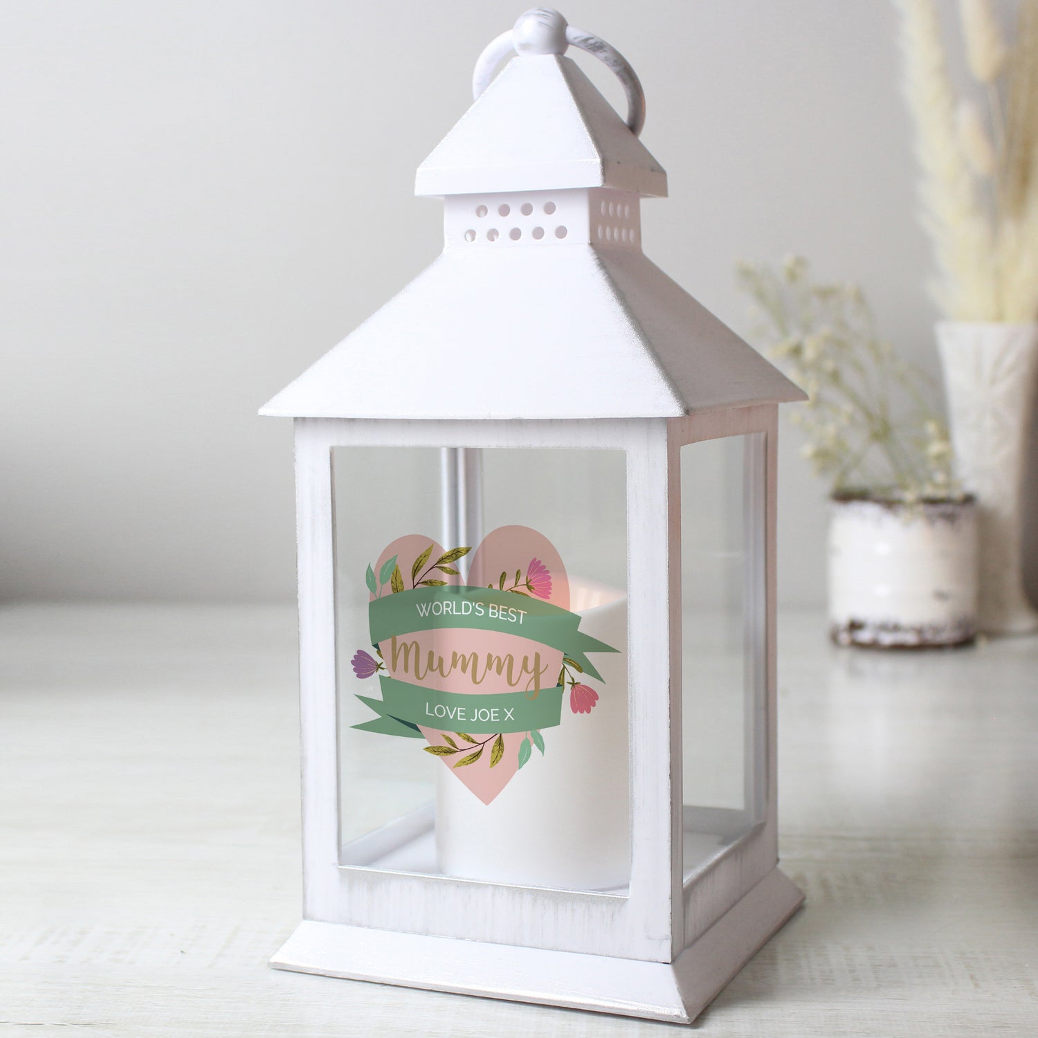 Personalised Floral Heart Mothers Day White Lantern - gift & personalise