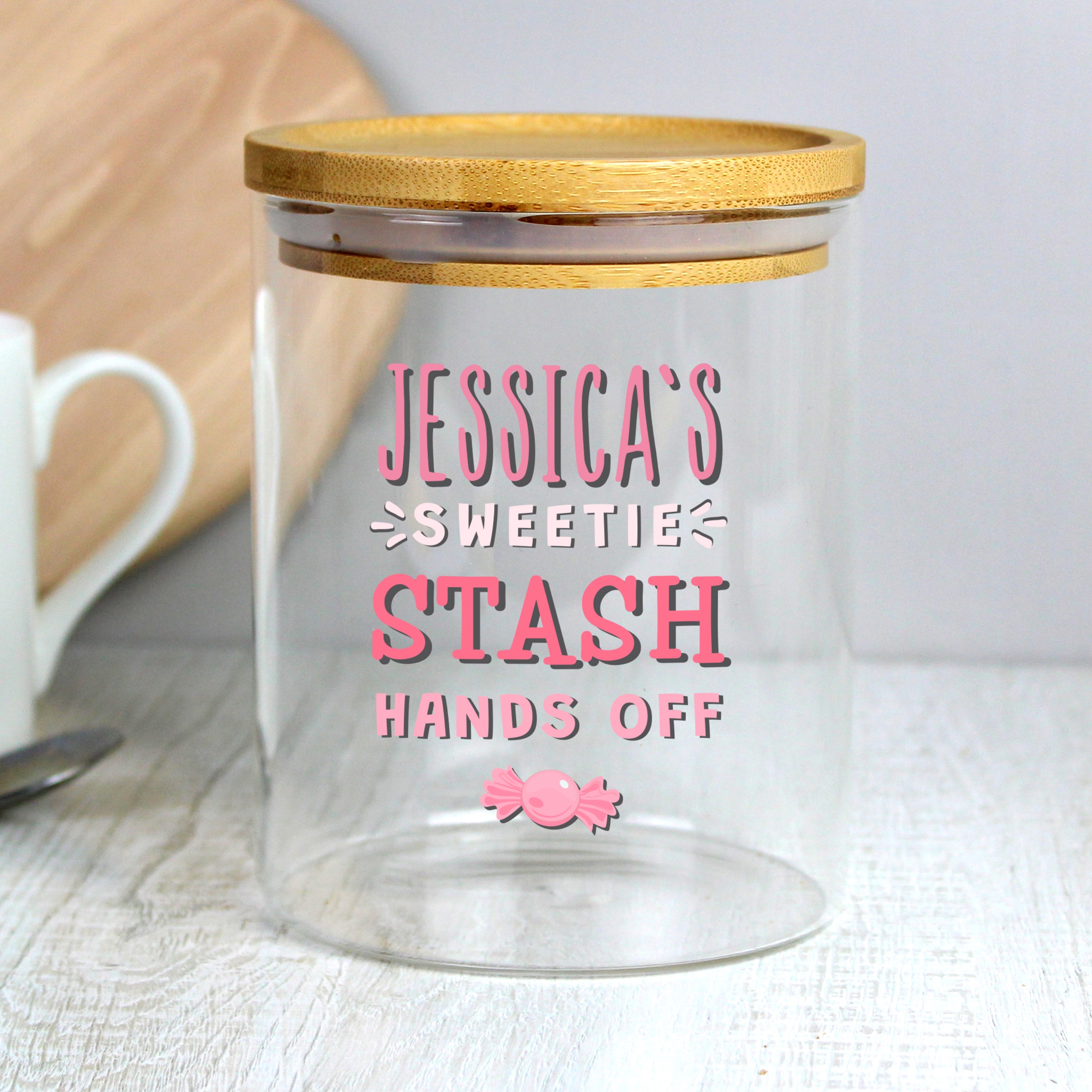 Personalised Sweetie Stash Glass Jar with Bamboo Lid - gift & personalise