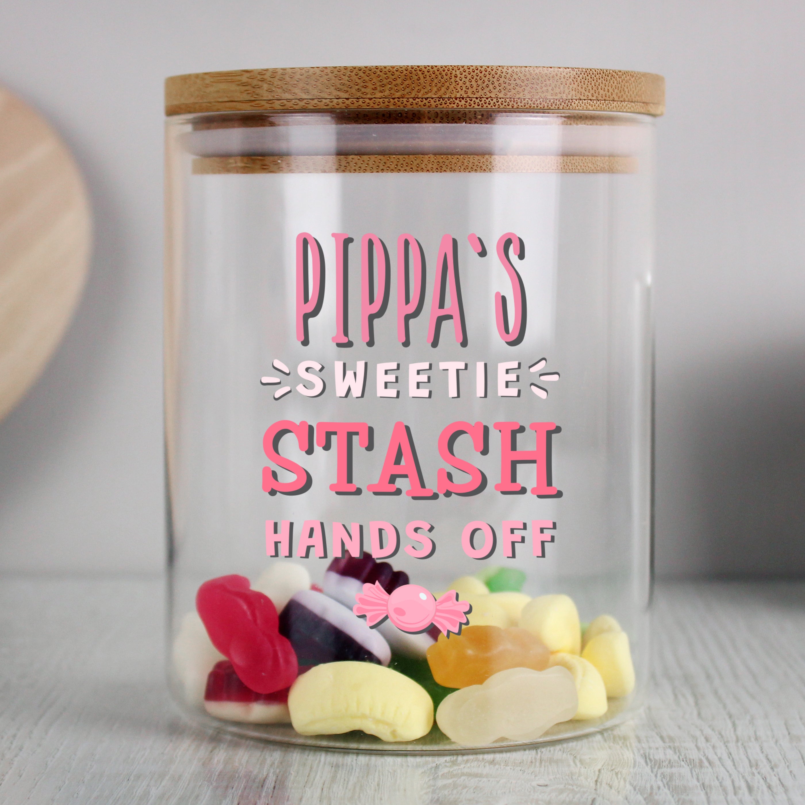 Personalised Sweetie Stash Glass Jar with Bamboo Lid - gift & personalise