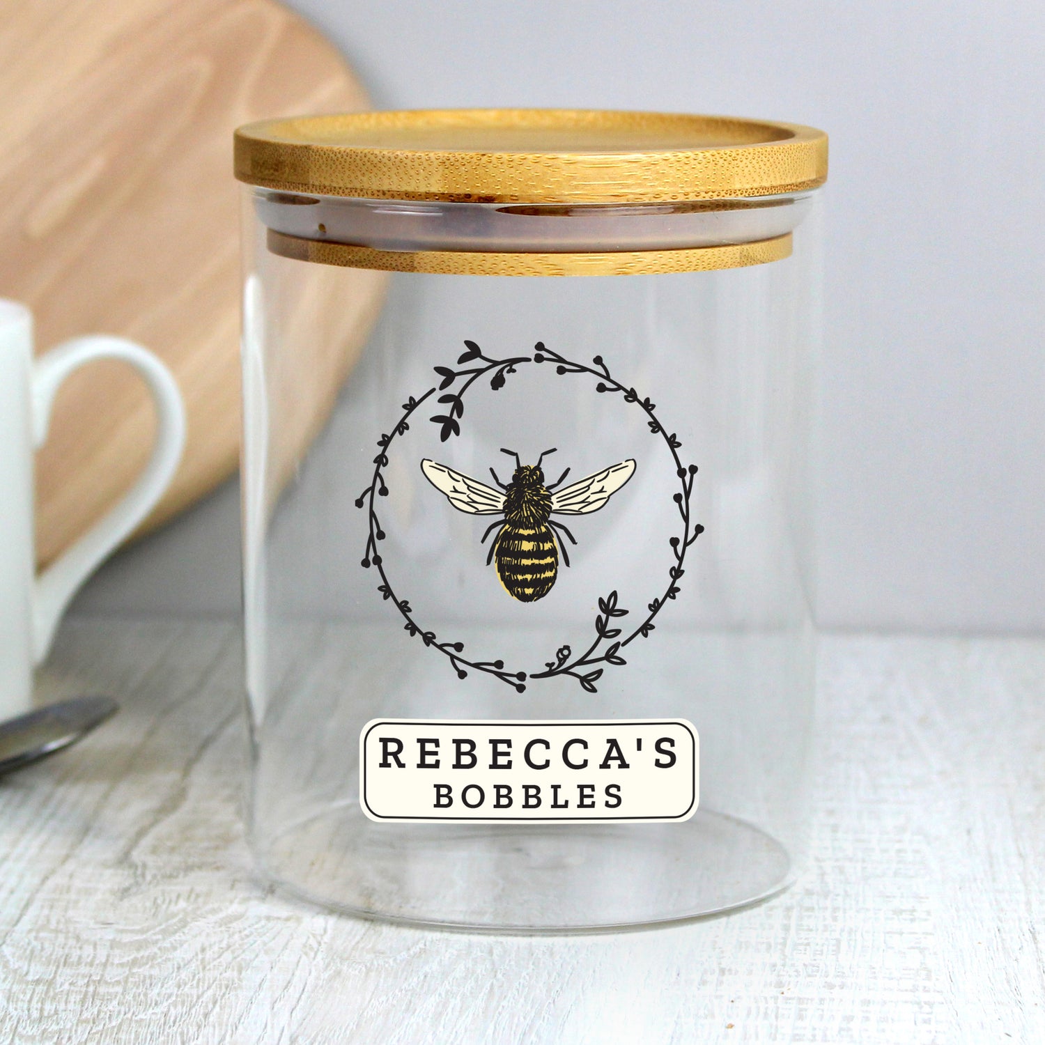 Personalised Bee Glass Jar with Bamboo Lid - gift & personalise