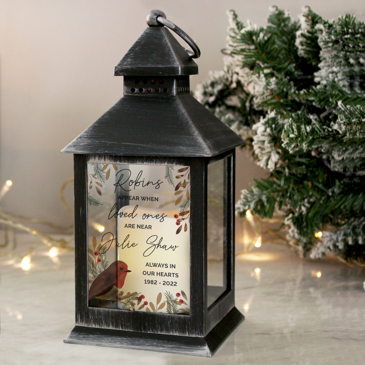 Personalised Robins Appear.. Memorial Black Lantern - gift & personalise