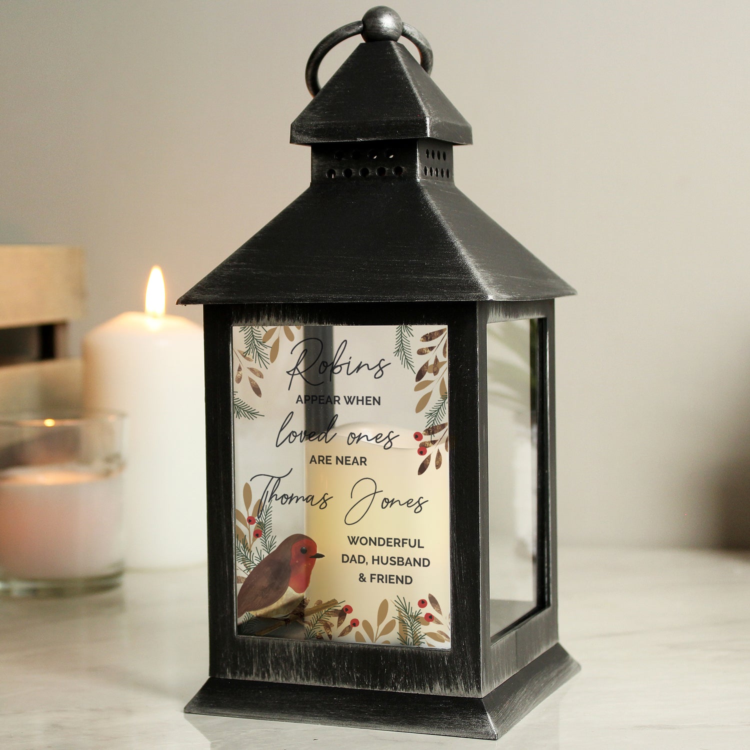 Personalised Robins Appear.. Memorial Black Lantern - gift & personalise