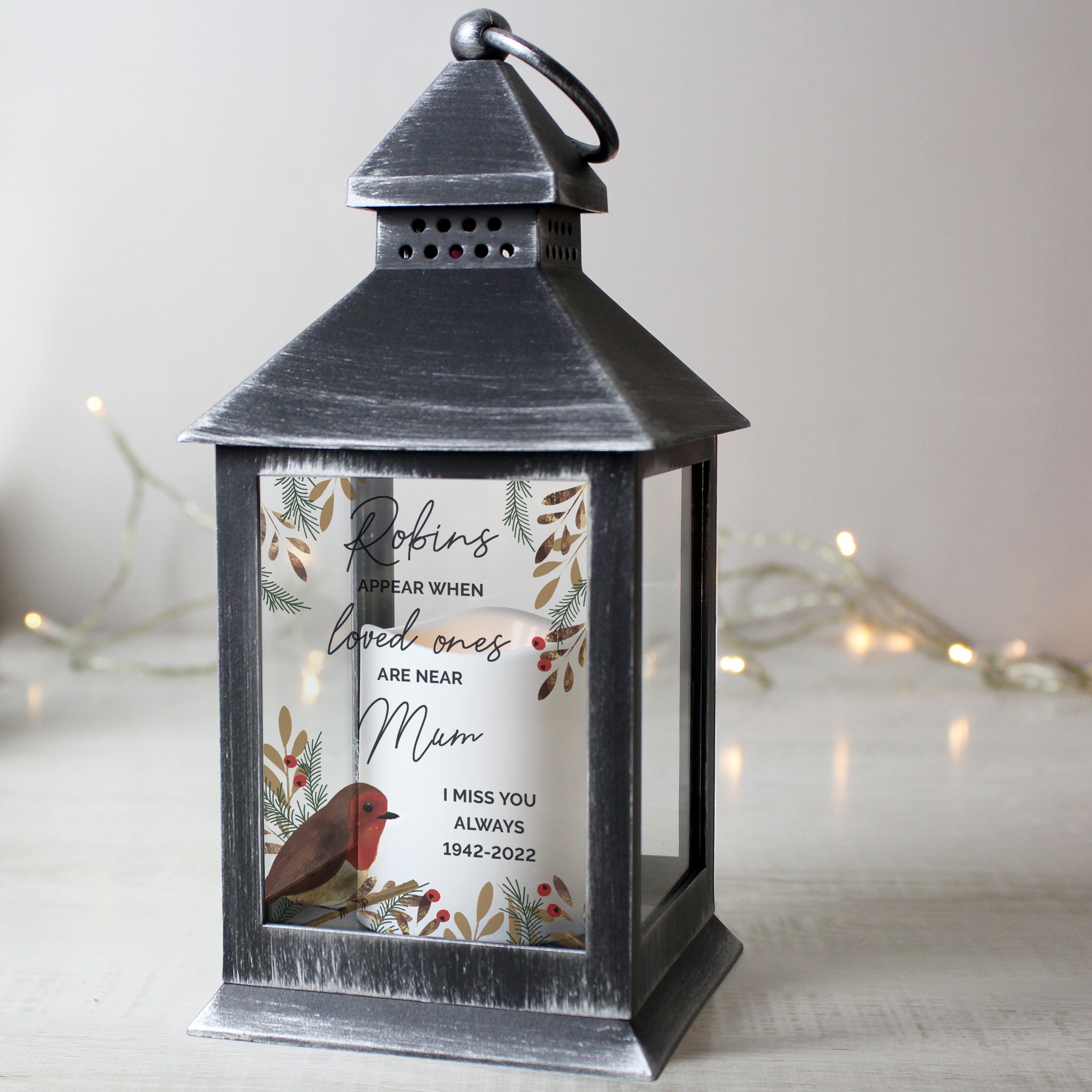 Personalised Robins Appear.. Memorial Black Lantern - gift & personalise