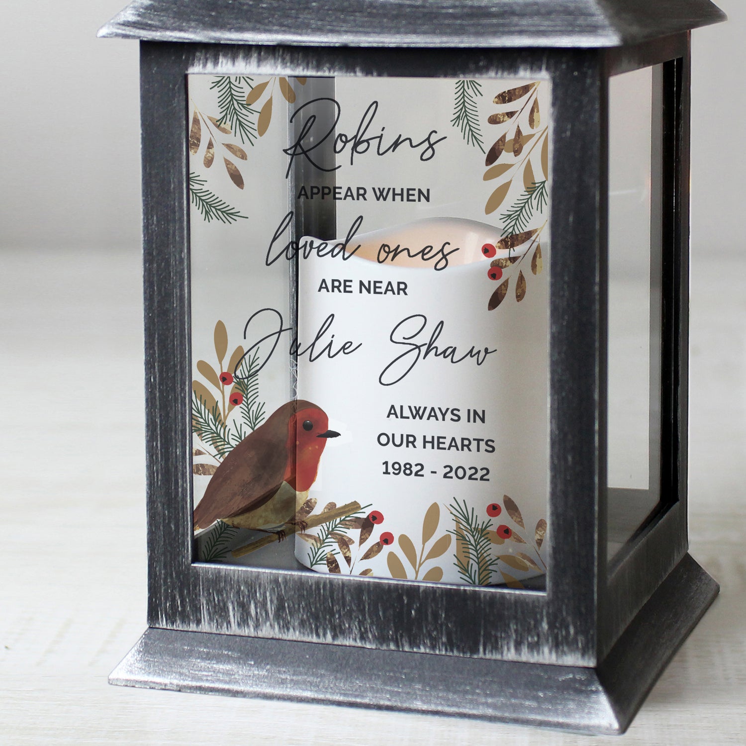 Personalised Robins Appear.. Memorial Black Lantern - gift & personalise