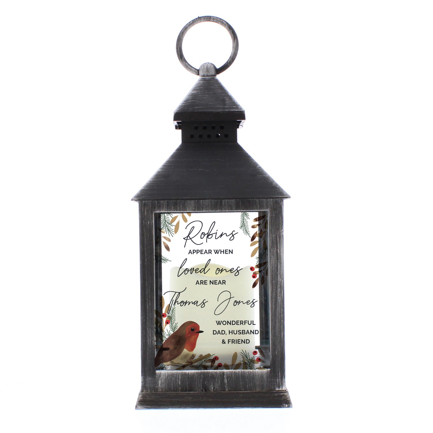 Personalised Robins Appear.. Memorial Black Lantern - gift & personalise