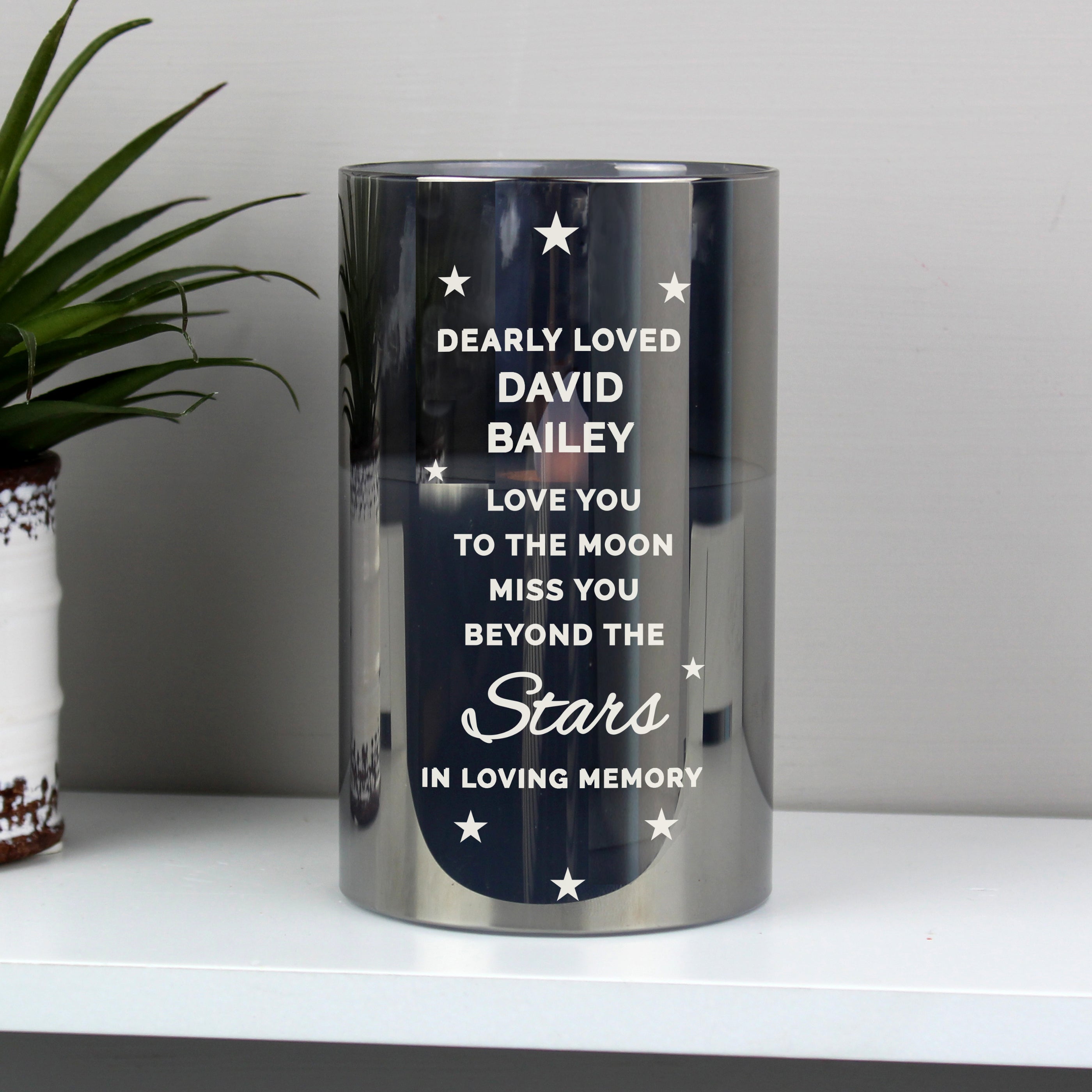 Personalised Miss You Beyond The Stars Smoked Glass LED Candle - gift & personalise