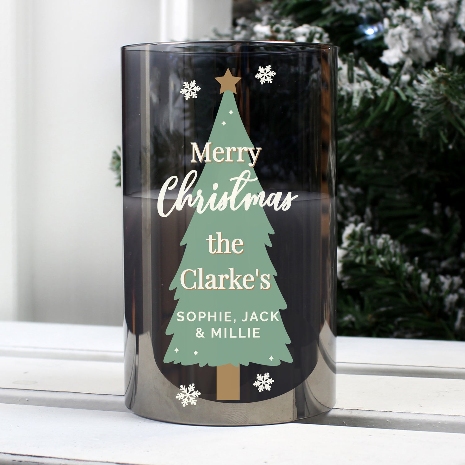 Personalised Christmas Tree Smoked Glass LED Candle - gift & personalise