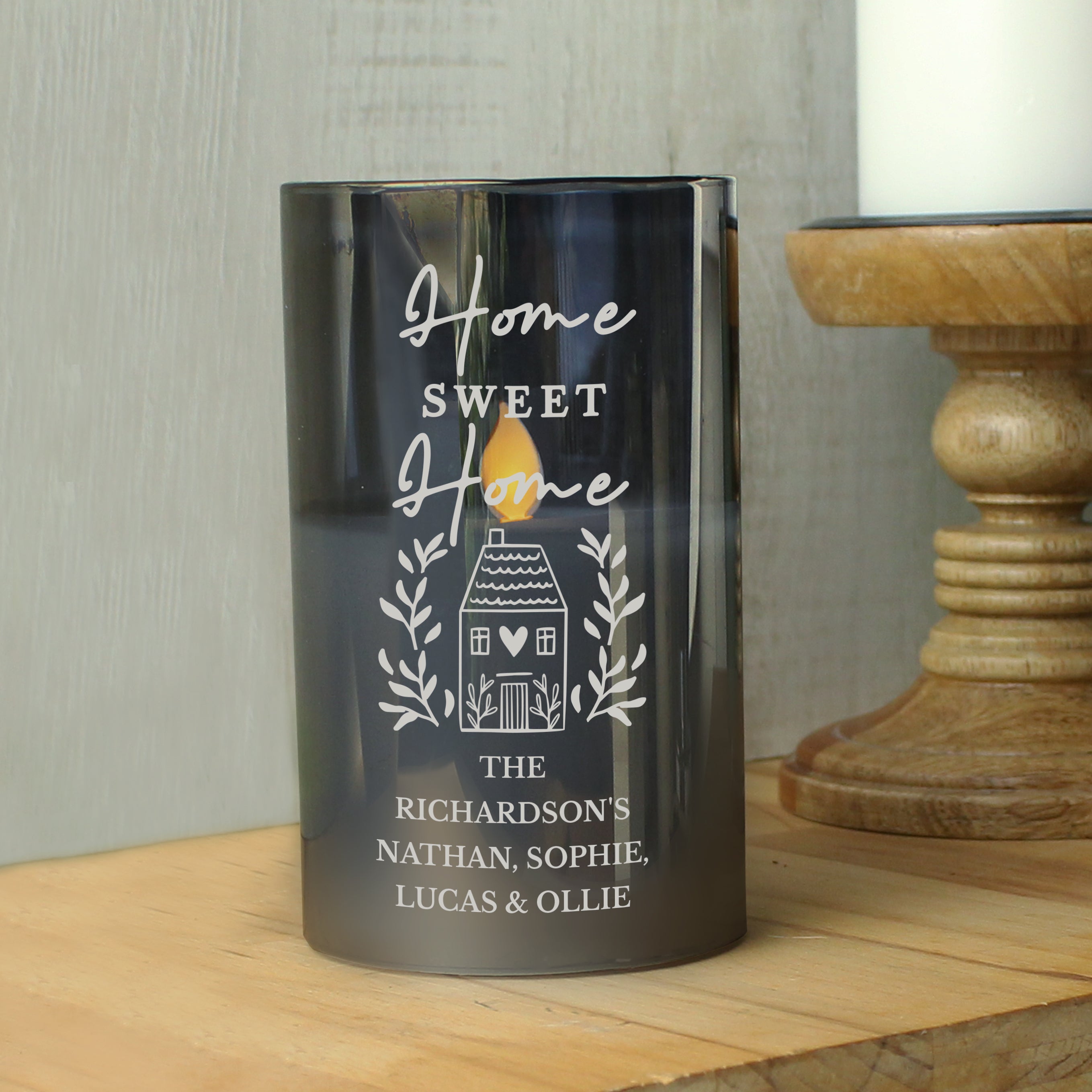 Personalised HOME Smoked Glass LED Candle - gift & personalise