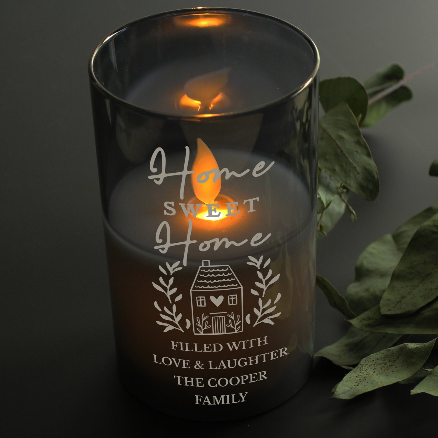 Personalised HOME Smoked Glass LED Candle - gift & personalise