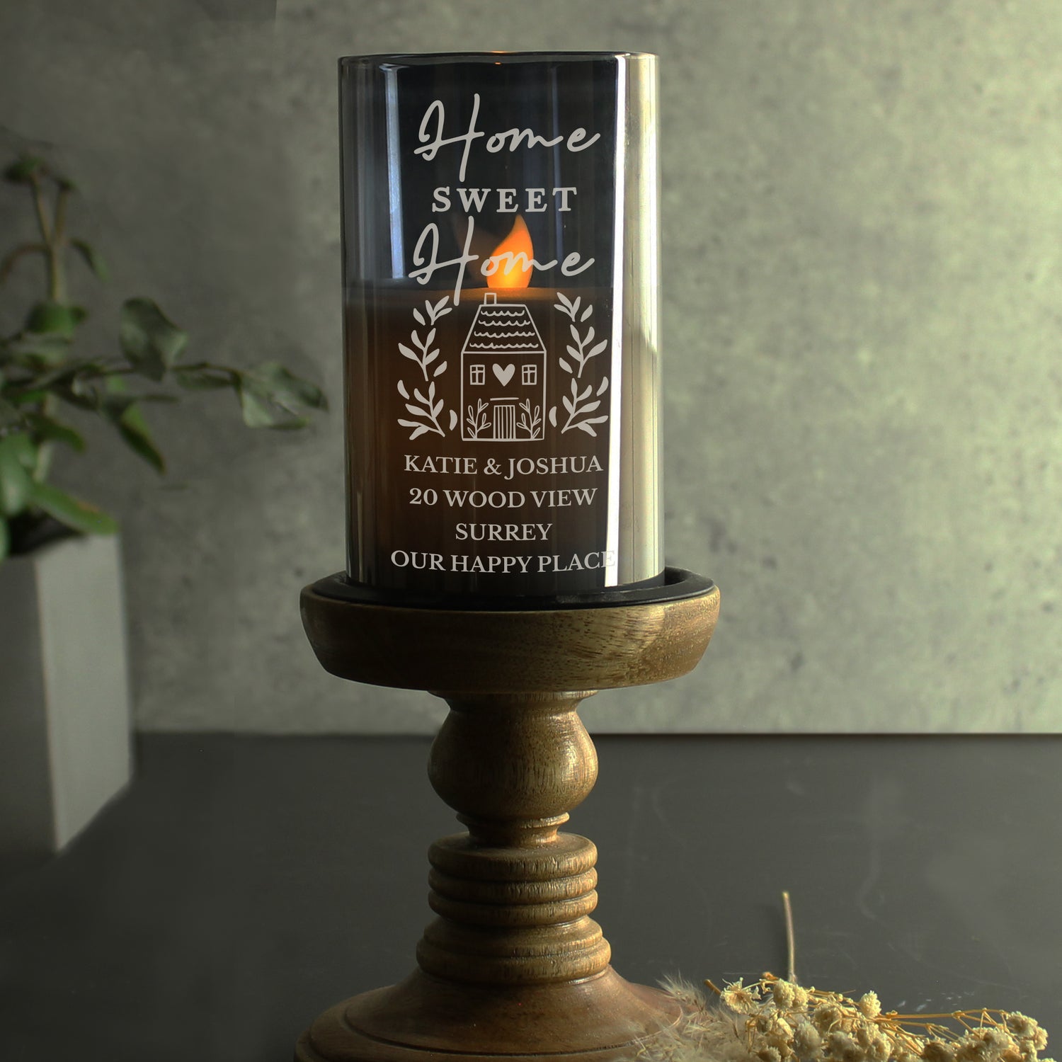 Personalised HOME Smoked Glass LED Candle - gift & personalise