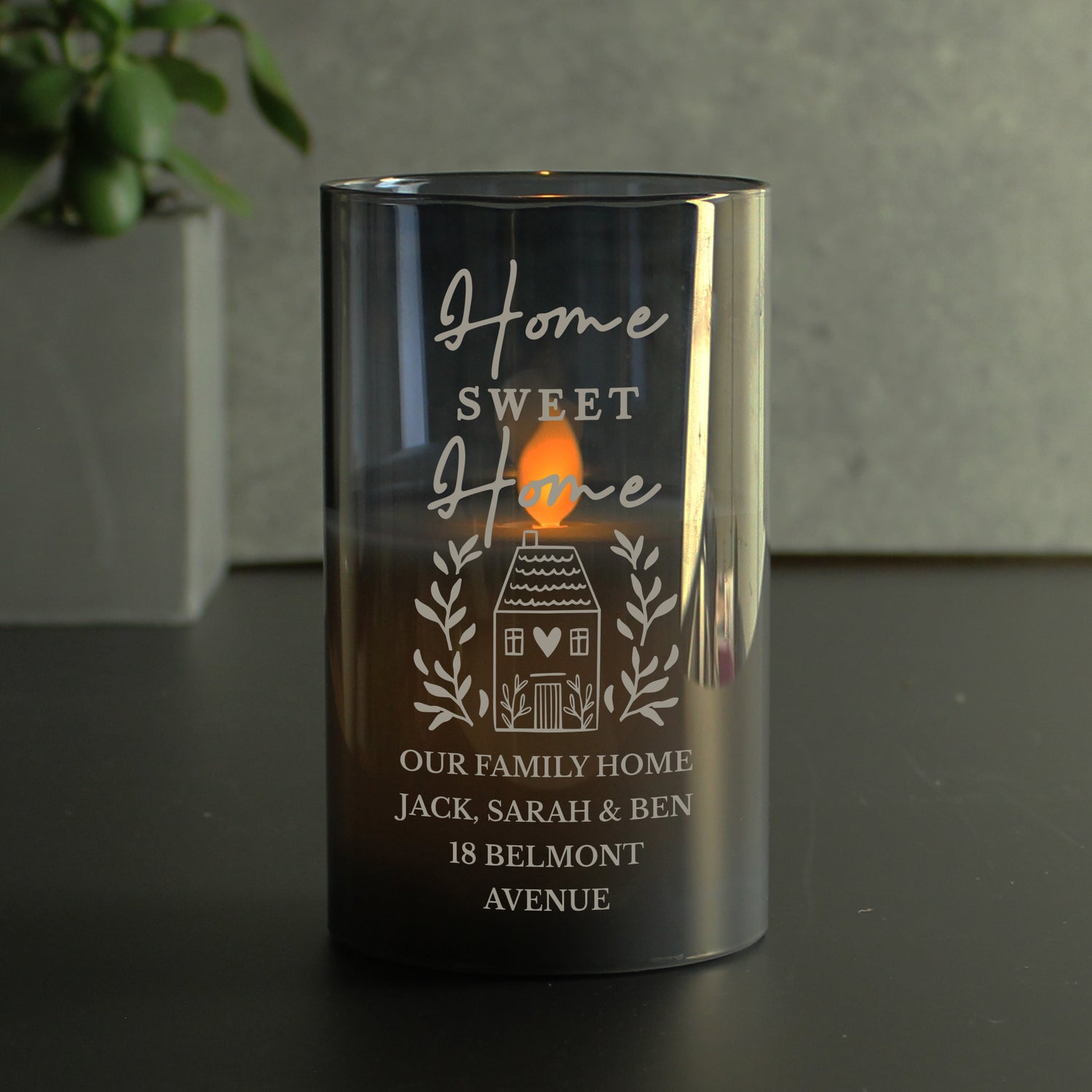 Personalised HOME Smoked Glass LED Candle - gift & personalise