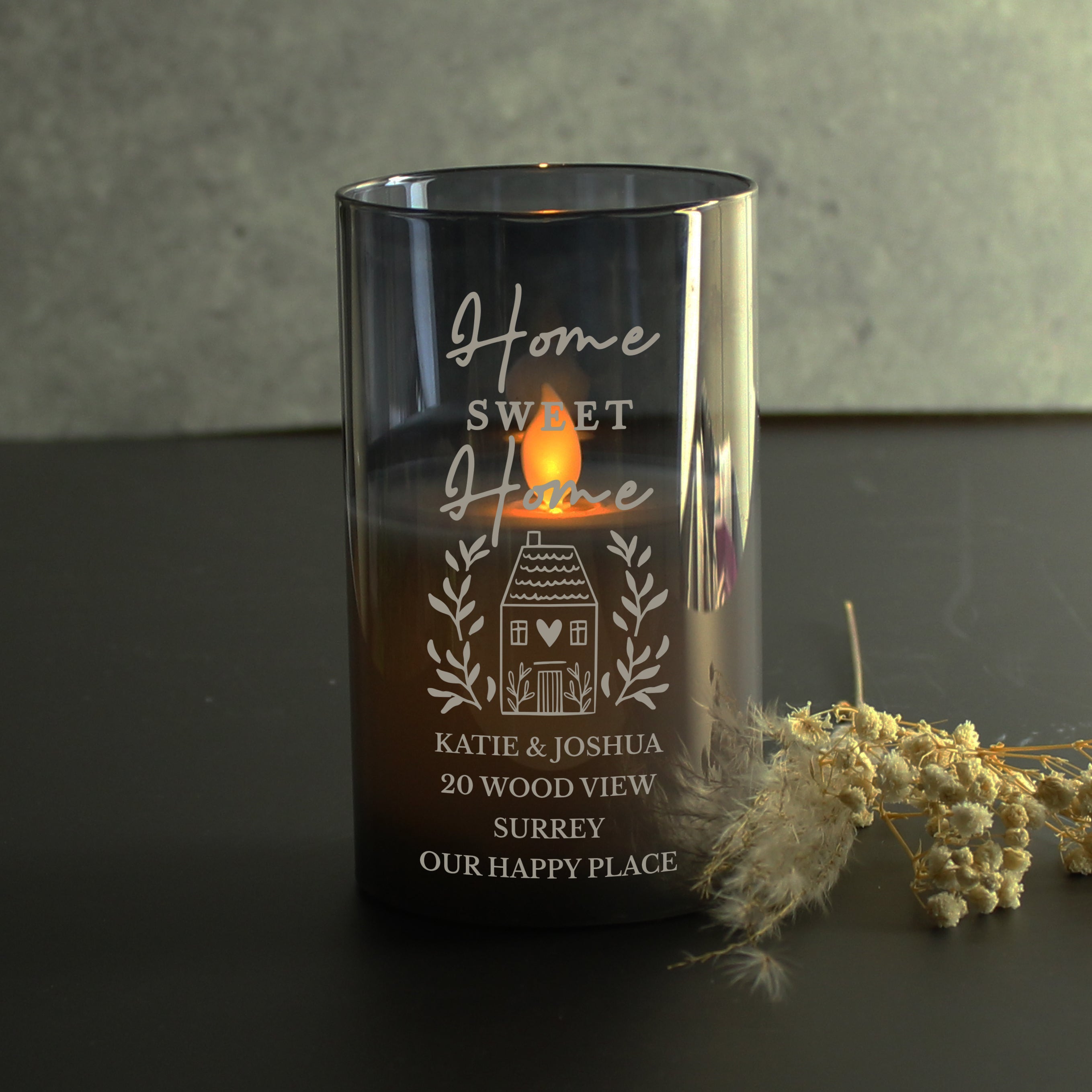 Personalised HOME Smoked Glass LED Candle - gift & personalise