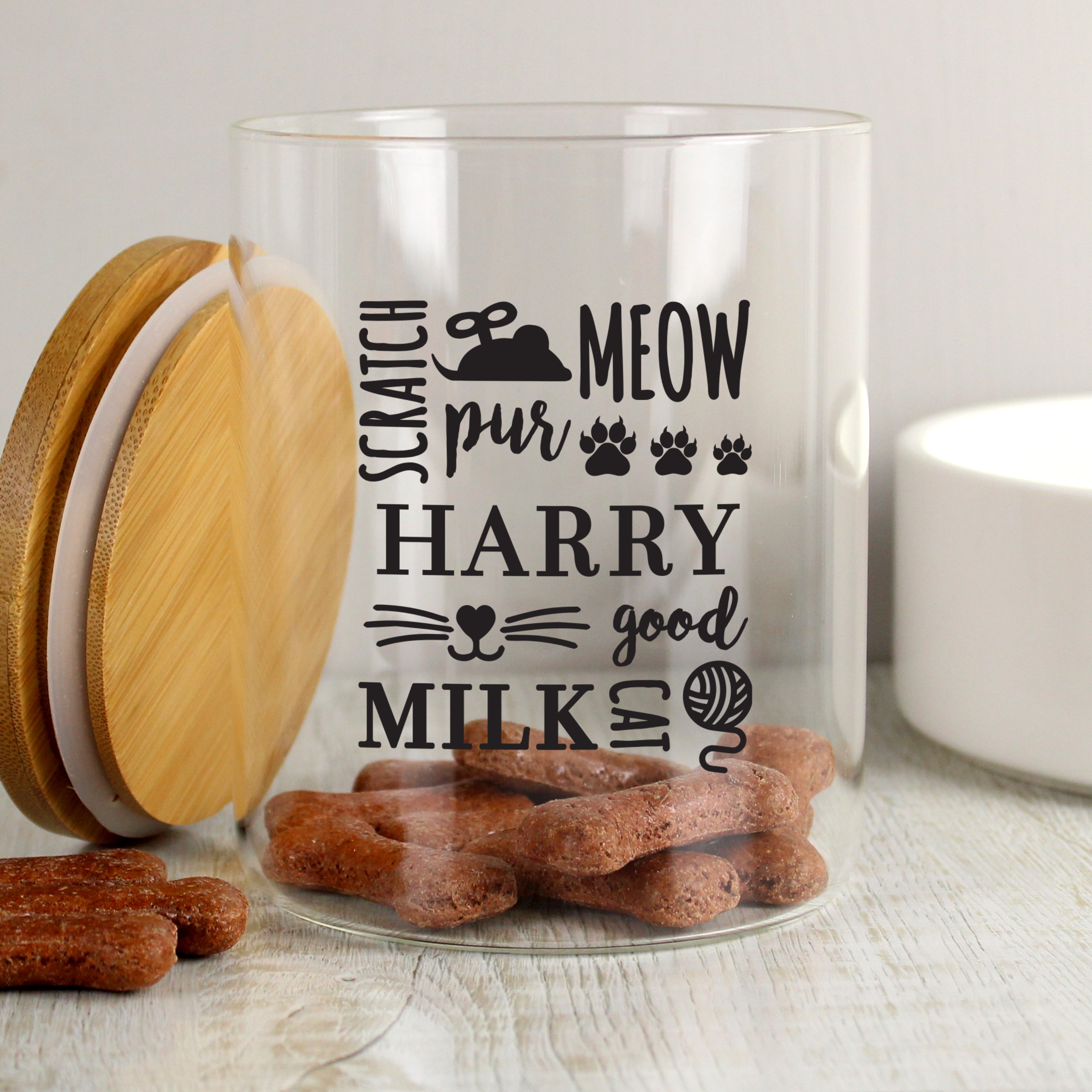 Personalised Glass Cat Treat jar with Bamboo Lid - gift & personalise