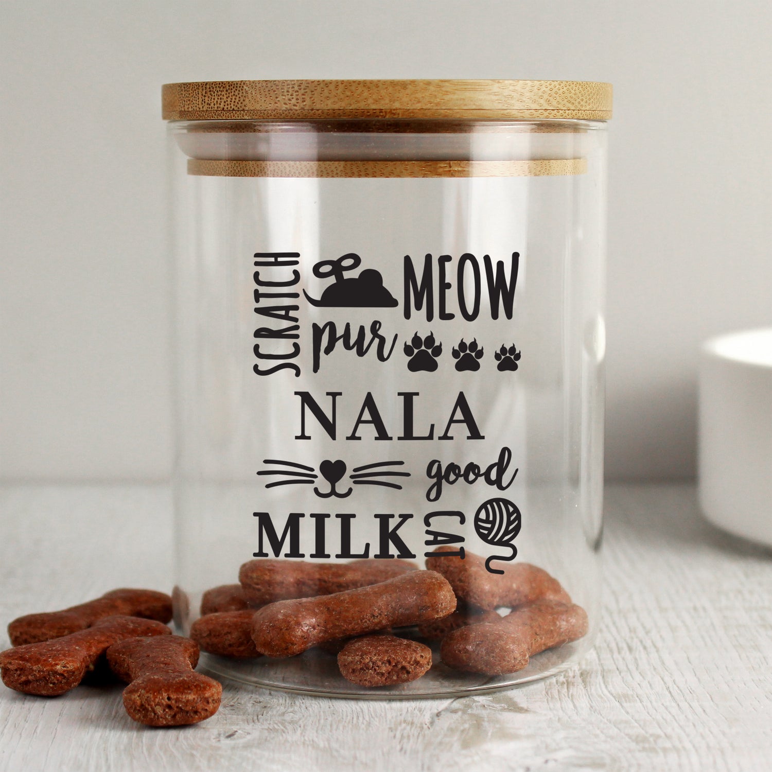 Personalised Glass Cat Treat jar with Bamboo Lid - gift & personalise