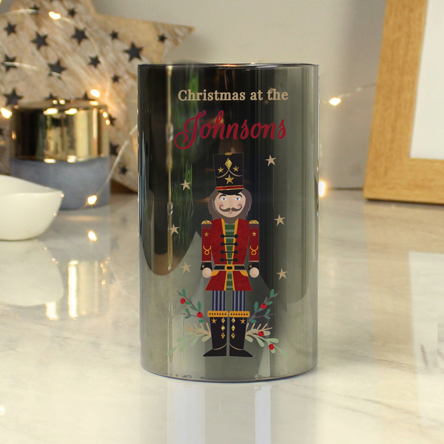 Personalised Christmas Nutcracker Smoked LED Candle - gift & personalise