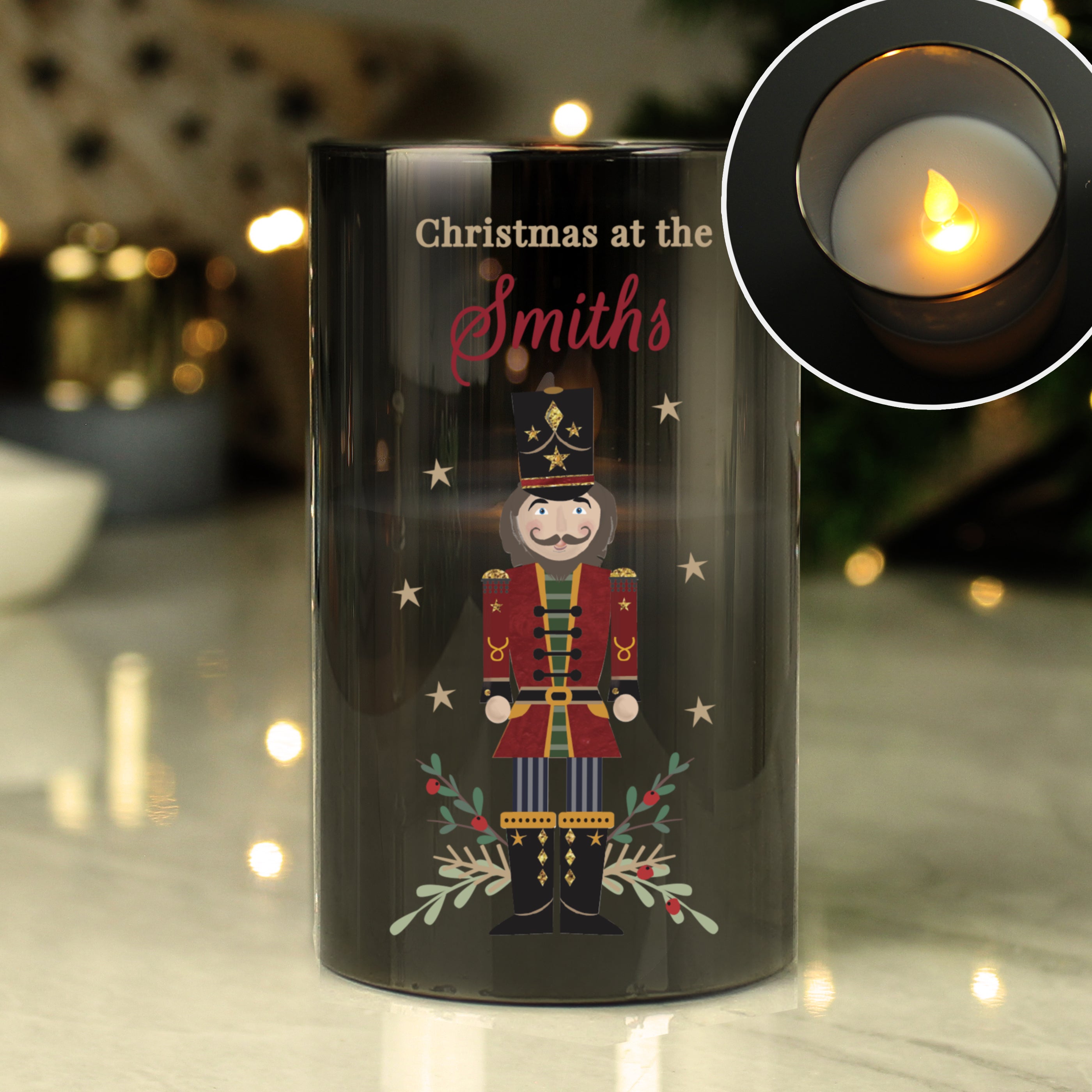 Personalised Christmas Nutcracker Smoked LED Candle - gift & personalise