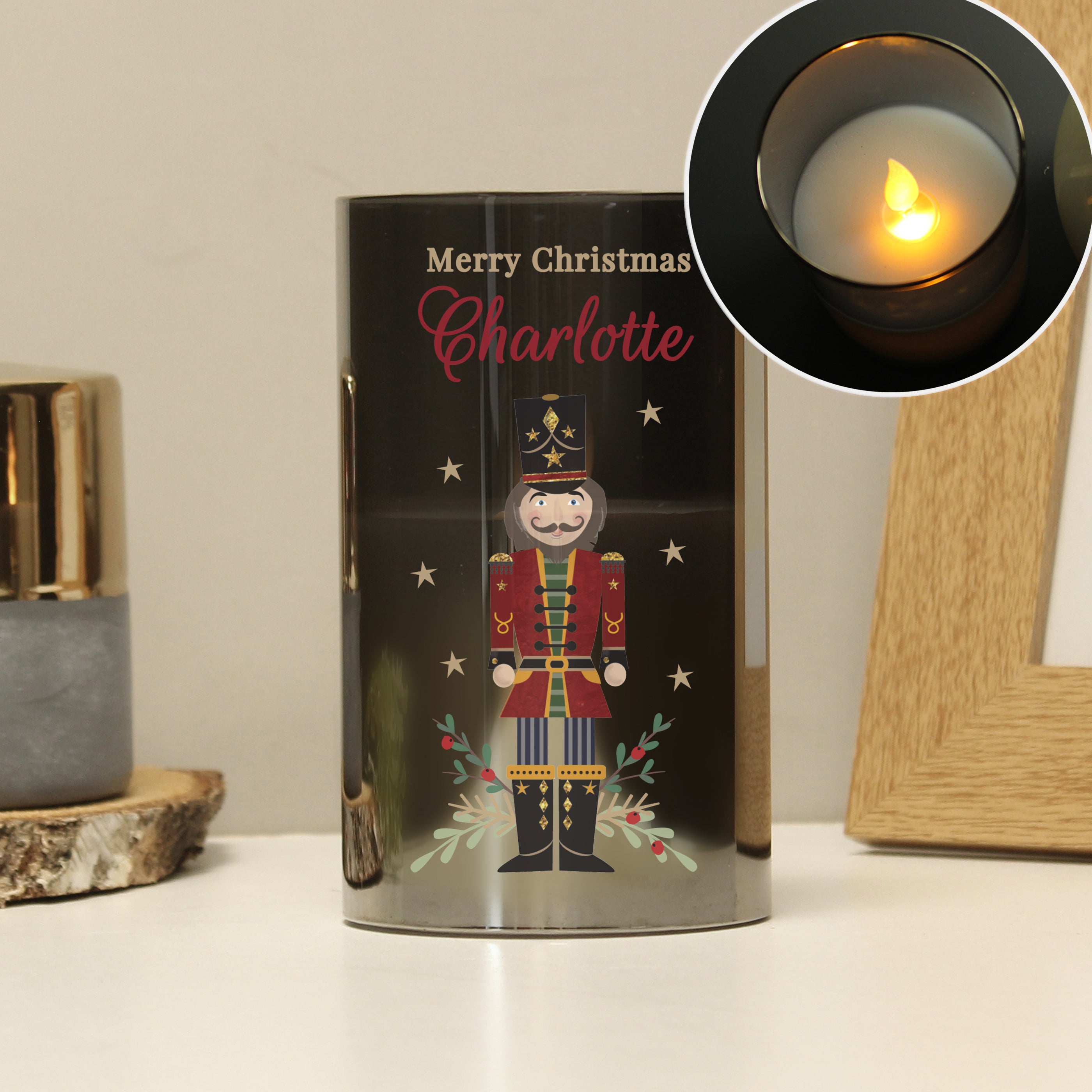 Personalised Christmas Nutcracker Smoked LED Candle - gift & personalise