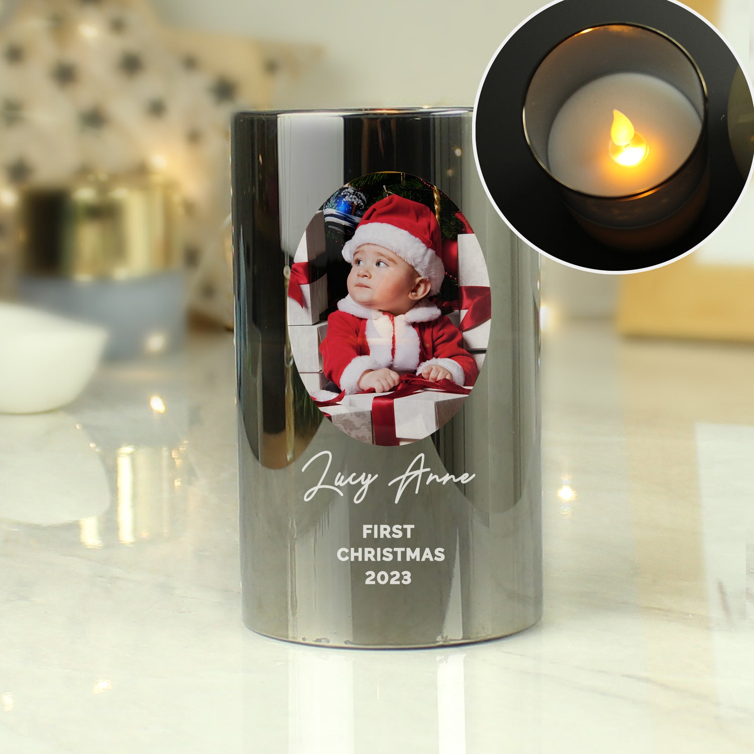 Personalised Photo Upload Smoked Glass LED Candle - gift & personalise