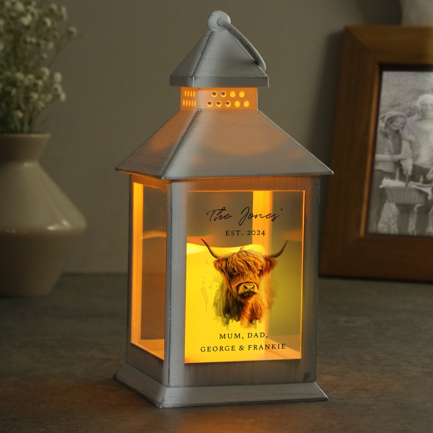 Personalised Highland Cow LED Lantern - gift & personalise