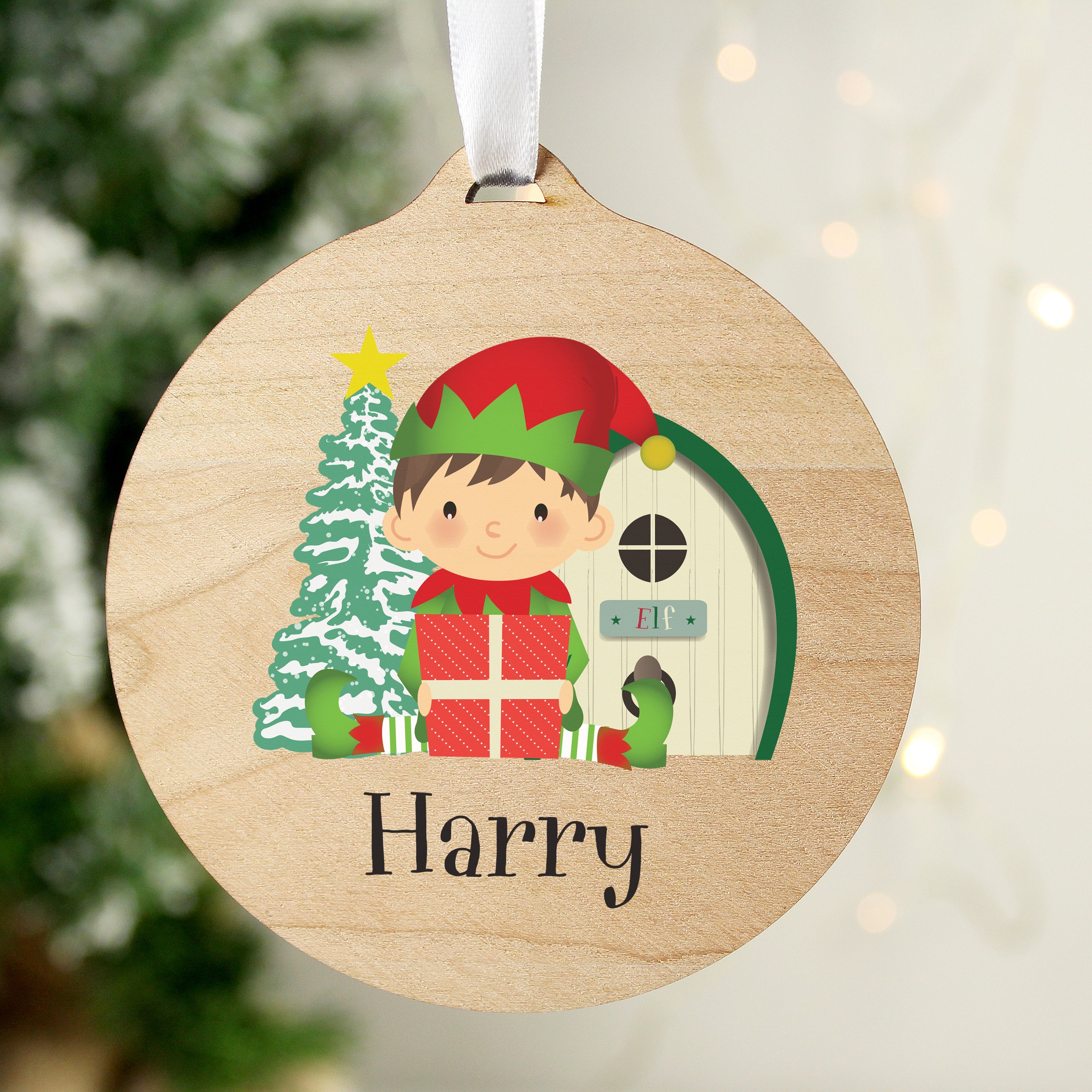 Personalised Elf Round Wooden Decoration - gift & personalise