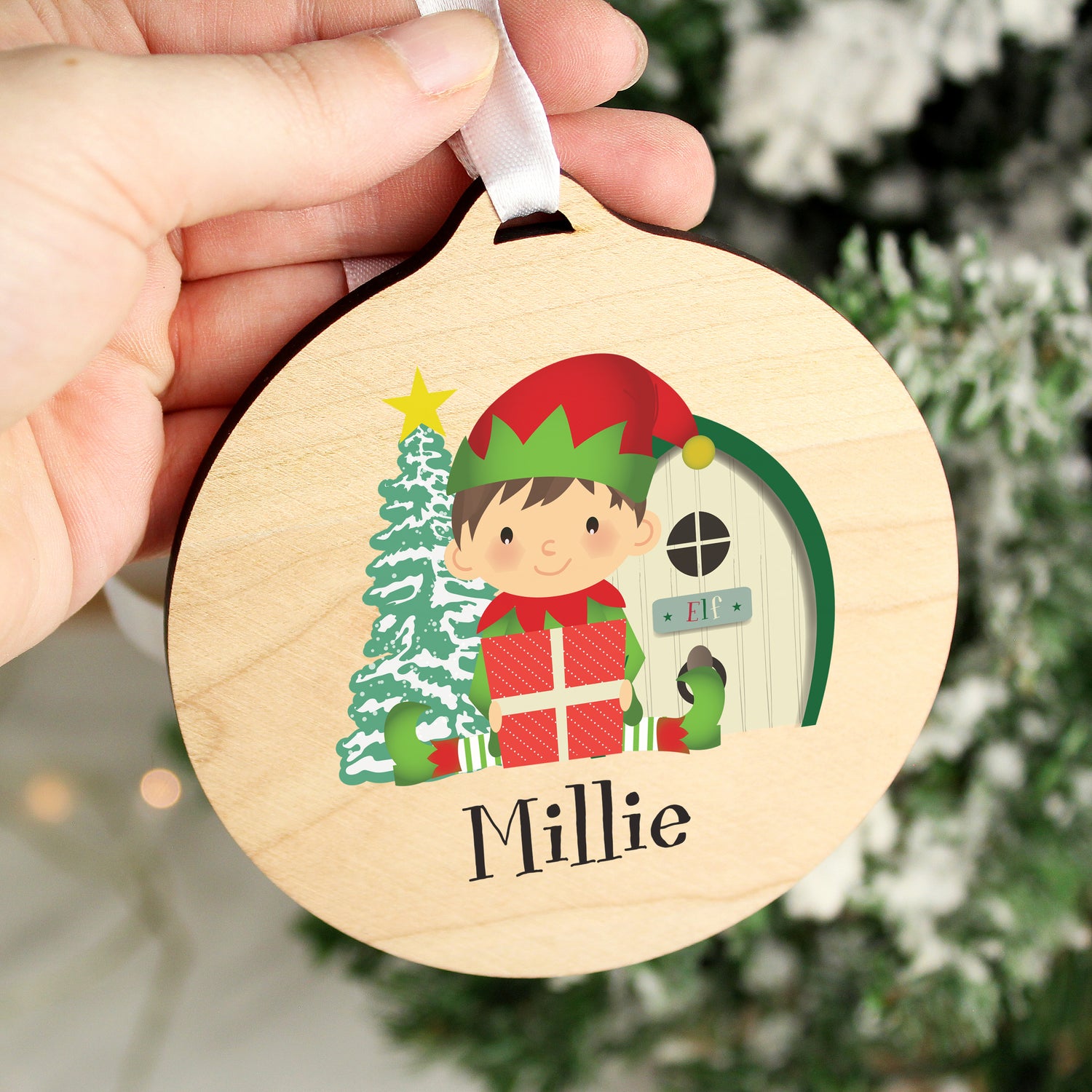 Personalised Elf Round Wooden Decoration - gift & personalise