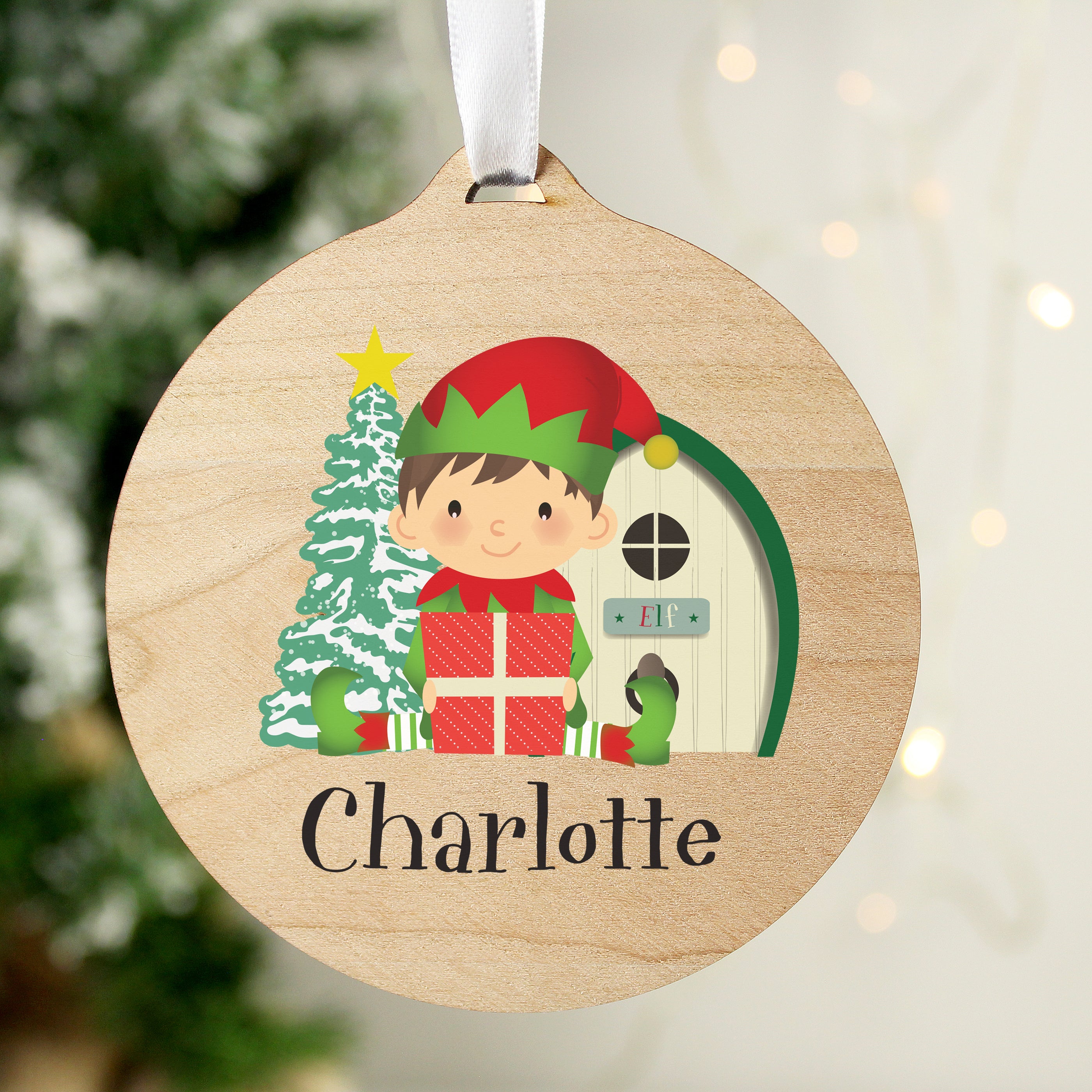 Personalised Elf Round Wooden Decoration - gift & personalise