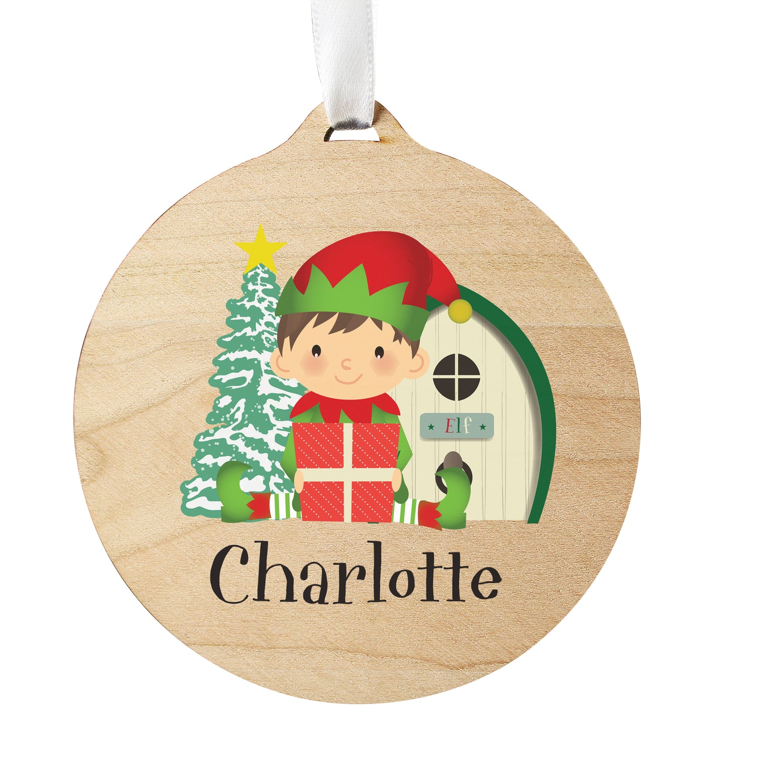 Personalised Elf Round Wooden Decoration - gift & personalise