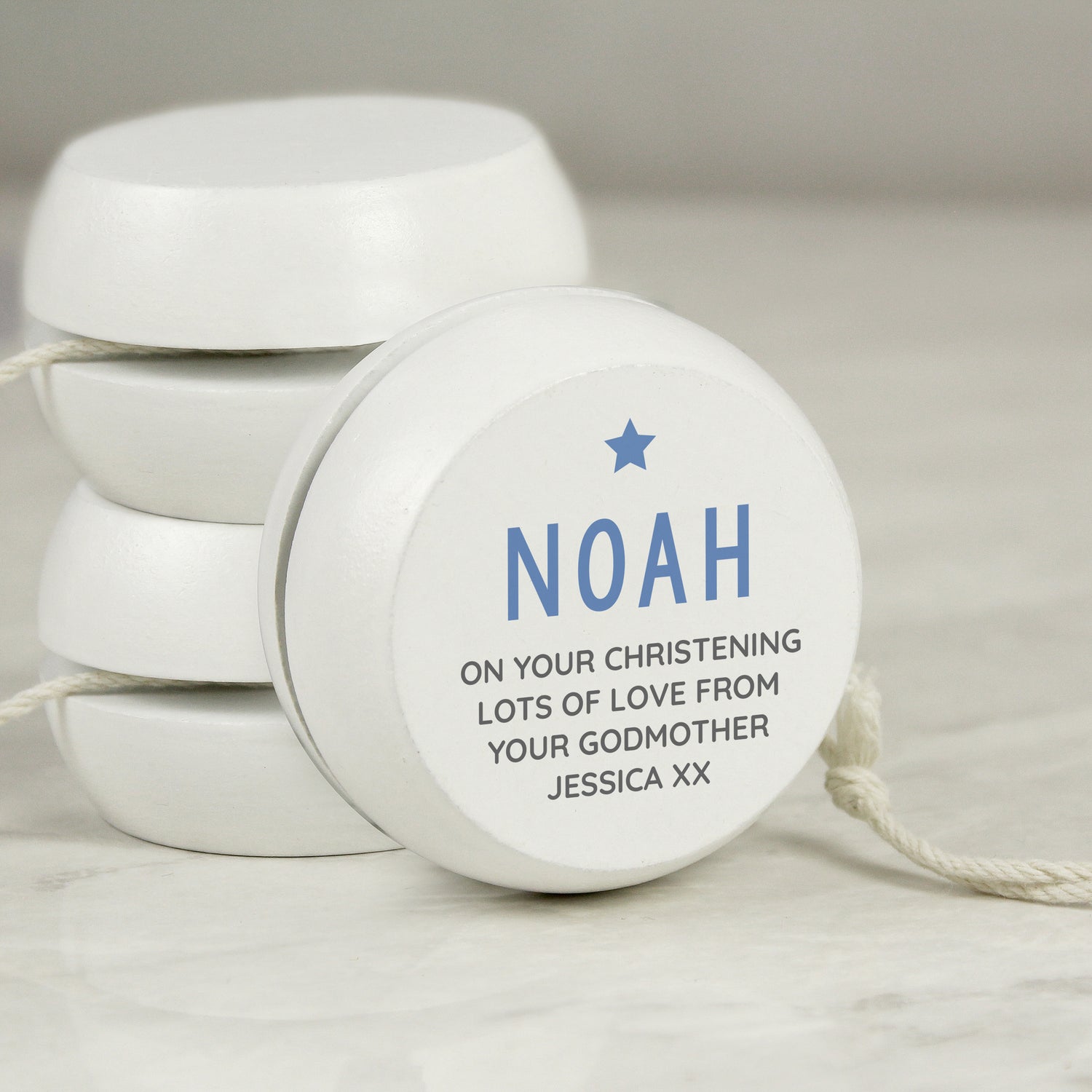 Personalised Blue Star White Wooden Yoyo - gift & personalise