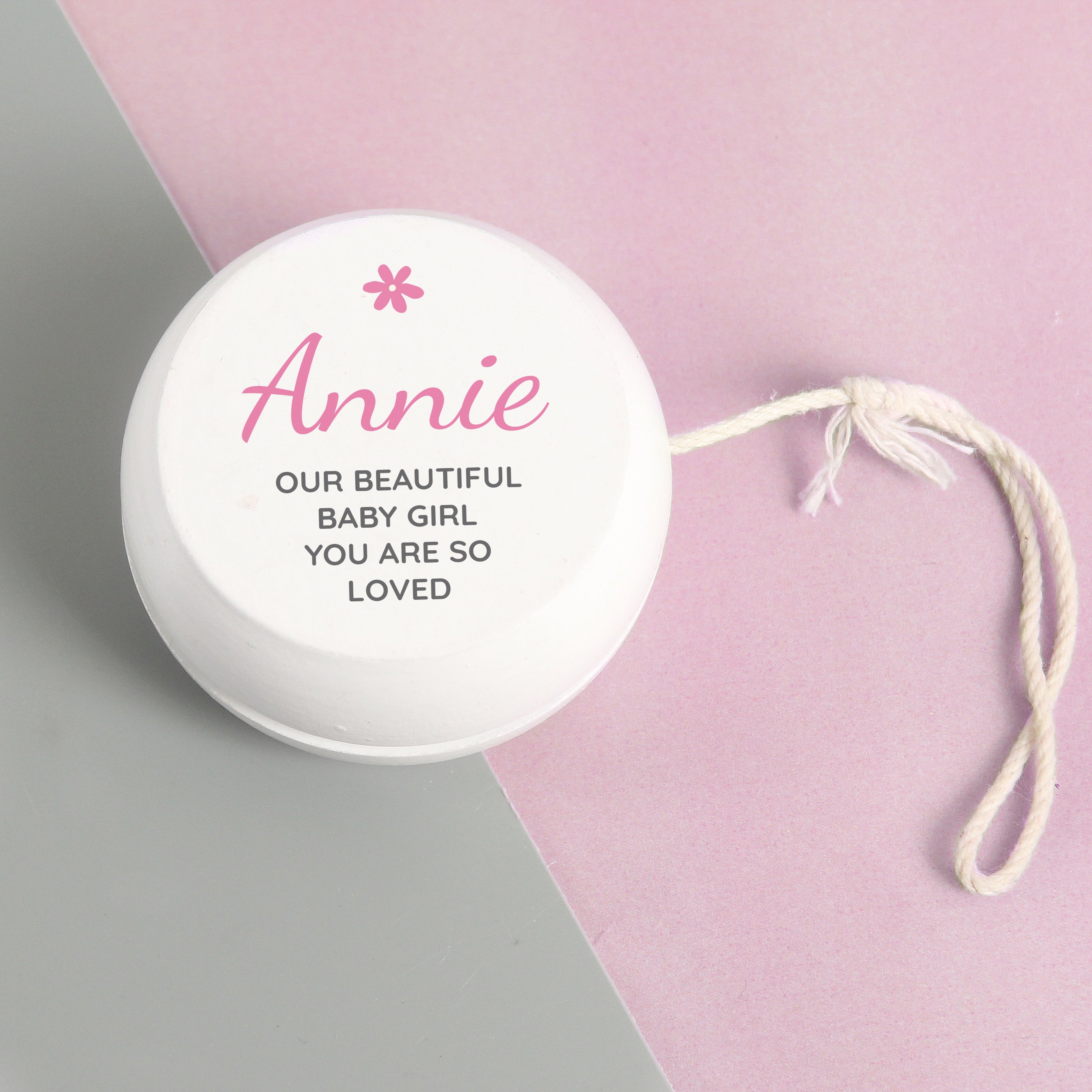 Personalised Pink Flower White Wooden Yoyo - gift & personalise