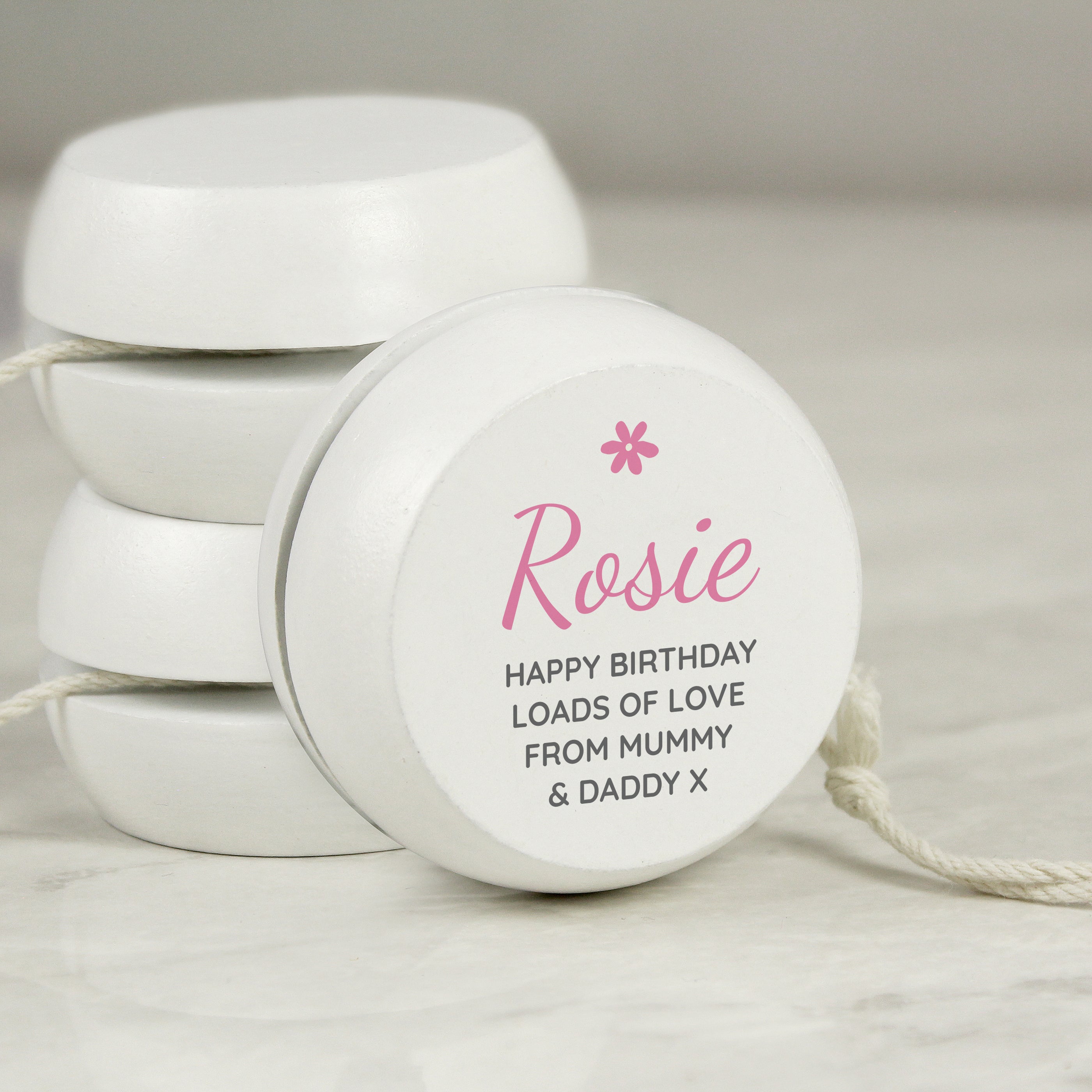 Personalised Pink Flower White Wooden Yoyo - gift & personalise