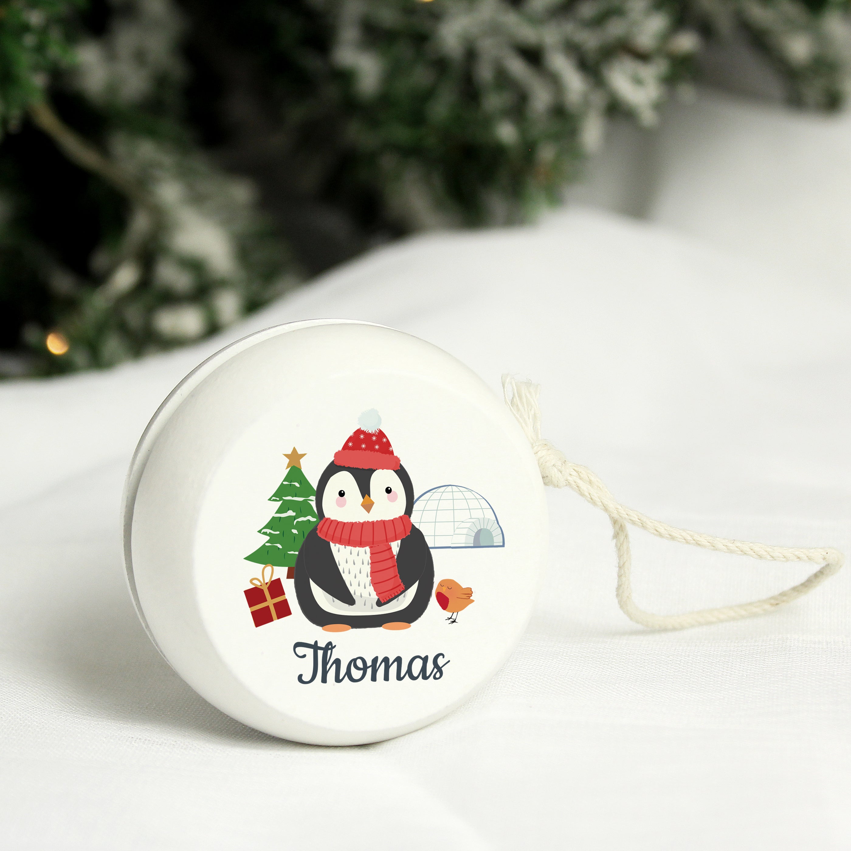 Personalised Christmas Penguin White Wooden Yoyo - gift & personalise