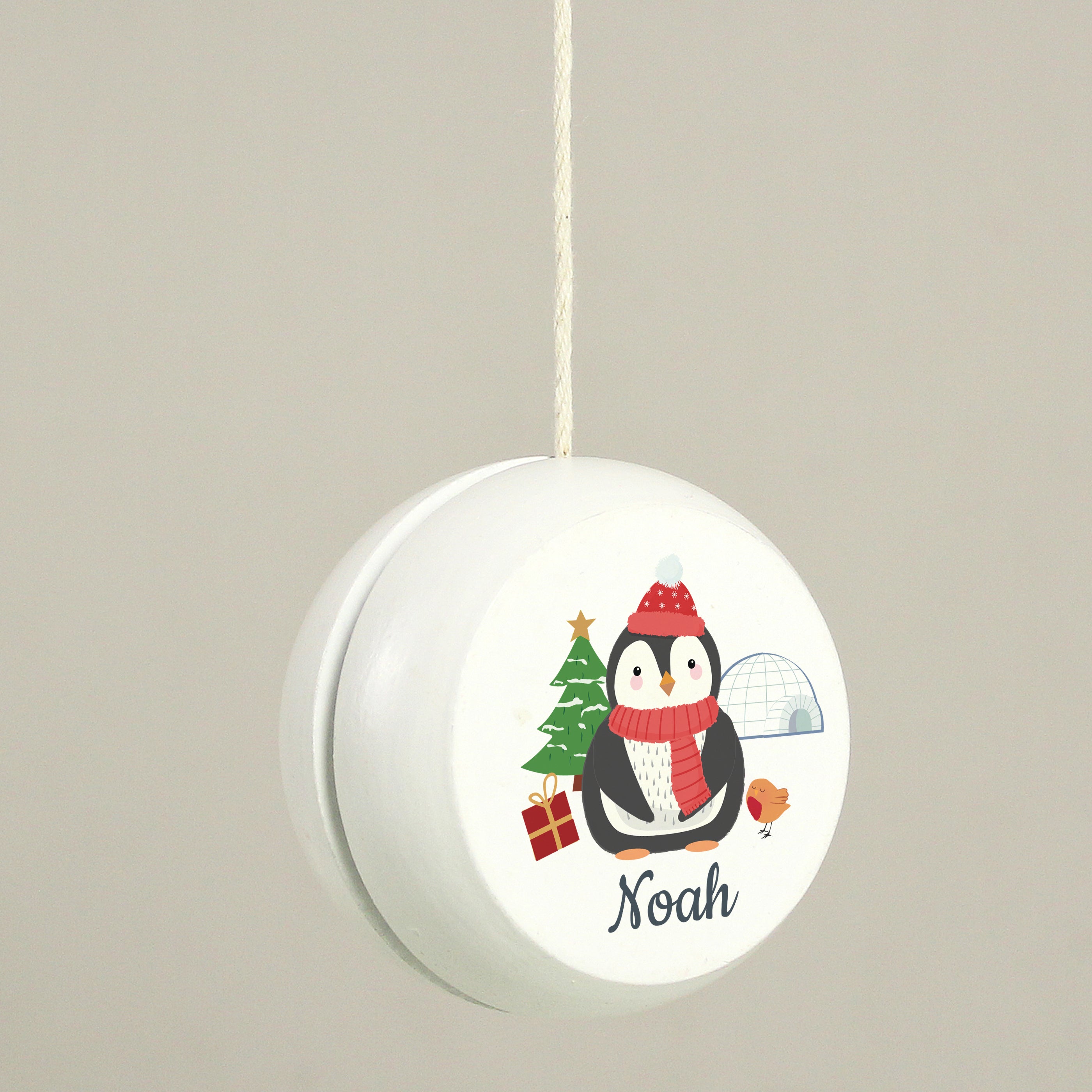 Personalised Christmas Penguin White Wooden Yoyo - gift & personalise