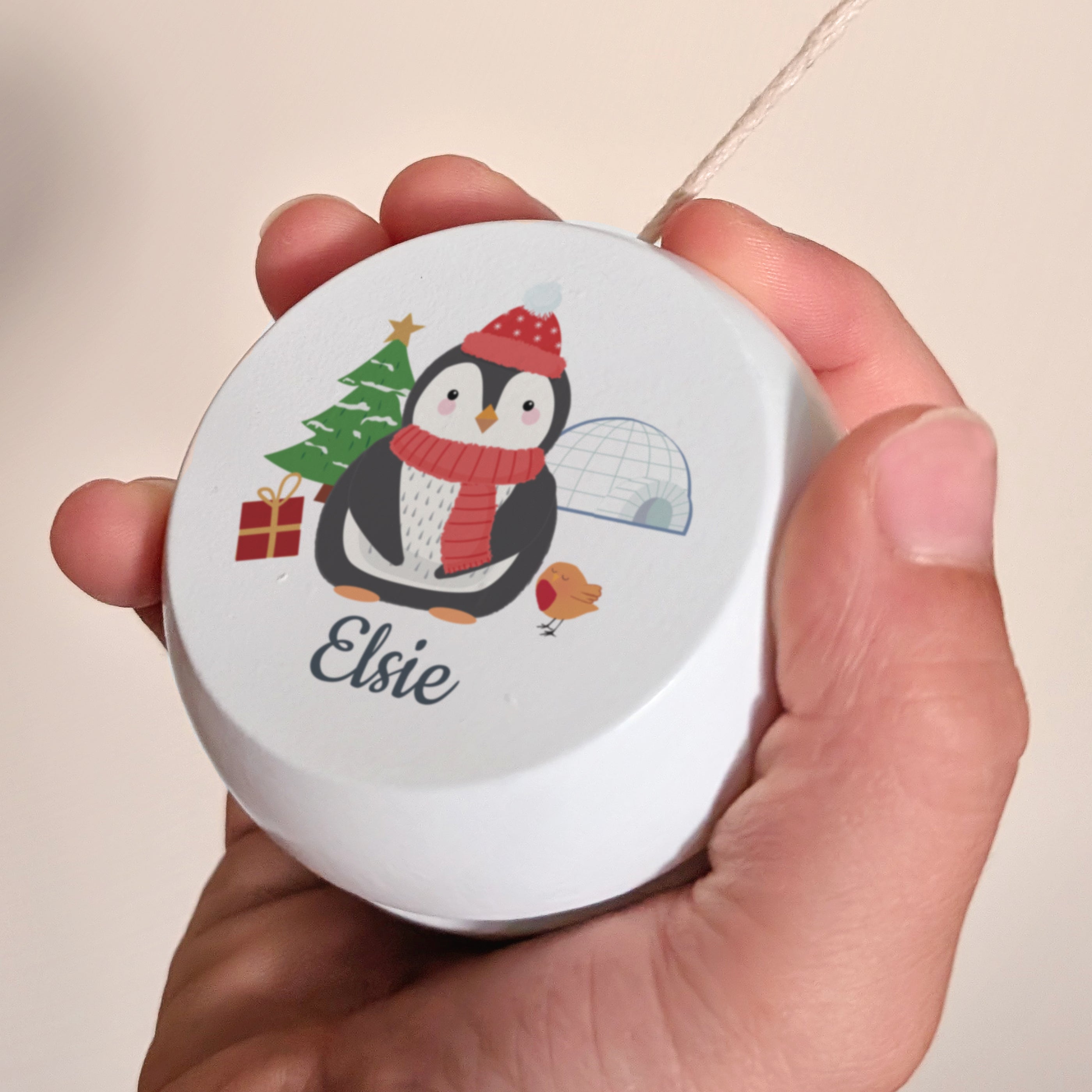 Personalised Christmas Penguin White Wooden Yoyo - gift & personalise