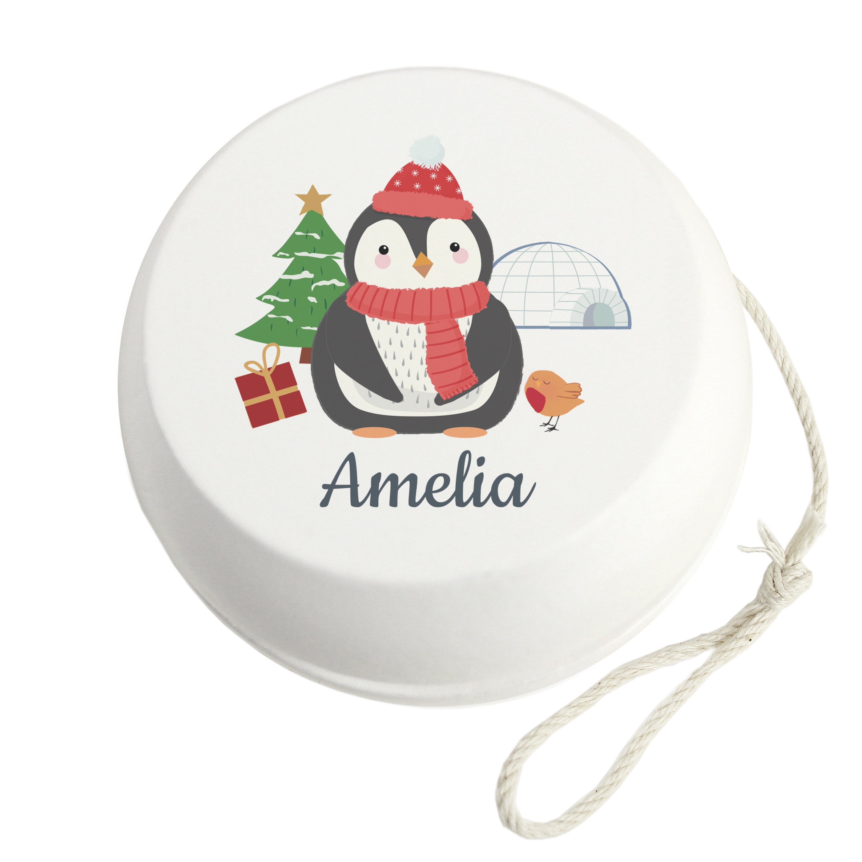 Personalised Christmas Penguin White Wooden Yoyo - gift & personalise