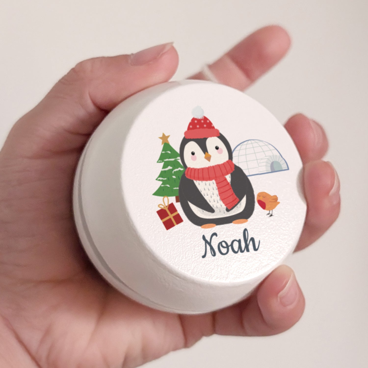 Personalised Christmas Penguin White Wooden Yoyo - gift & personalise