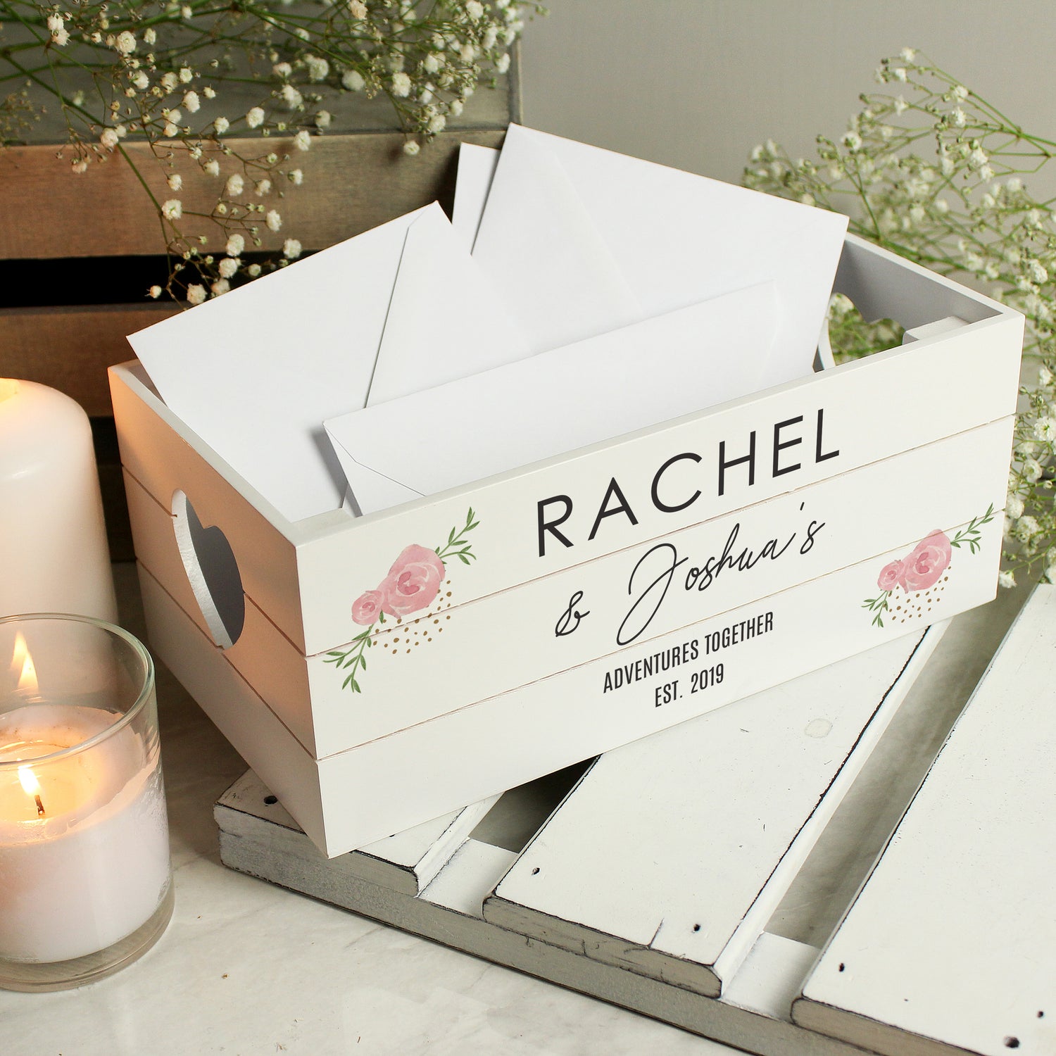 Personalised Abstract Rose White Wooden Crate - gift & personalise