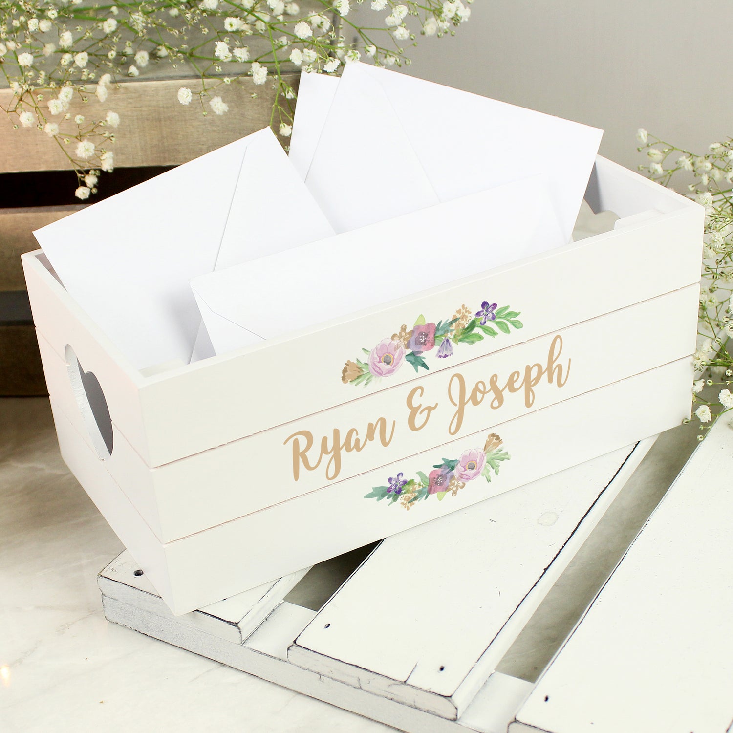 Personalised Floral Couples White Wooden Crate - gift & personalise