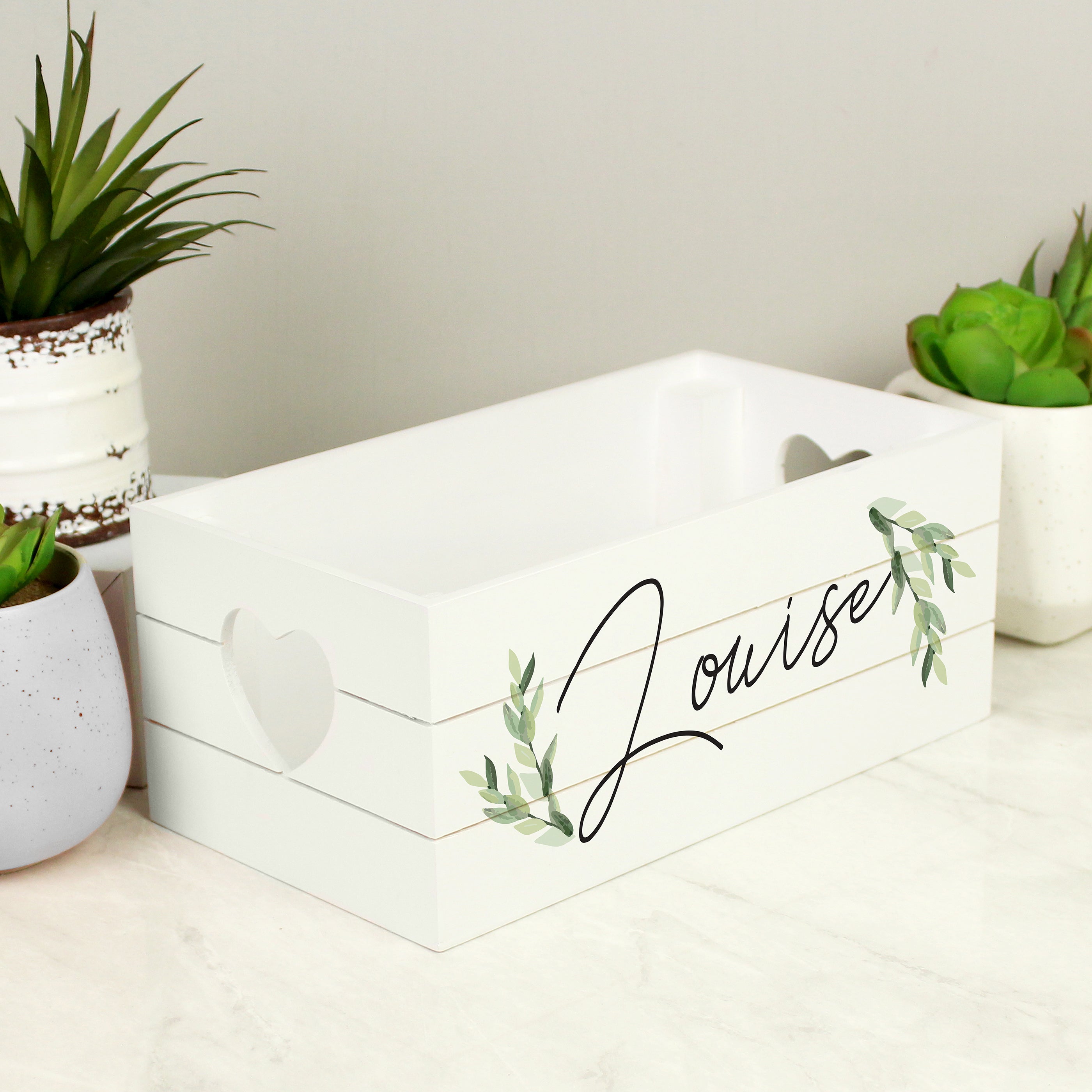 Personalised Name Only Botanical White Wooden Crate - gift & personalise