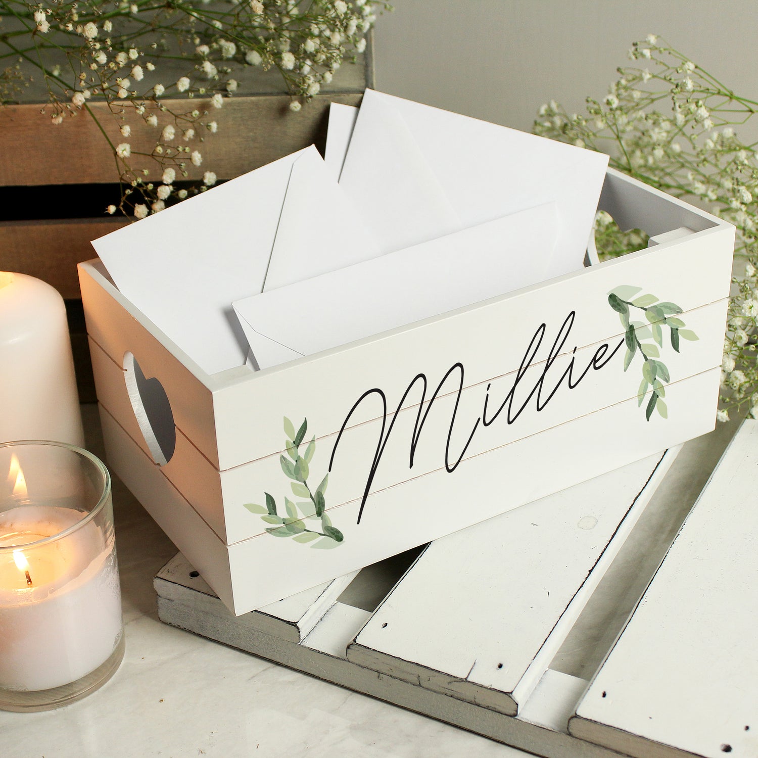 Personalised Name Only Botanical White Wooden Crate - gift & personalise