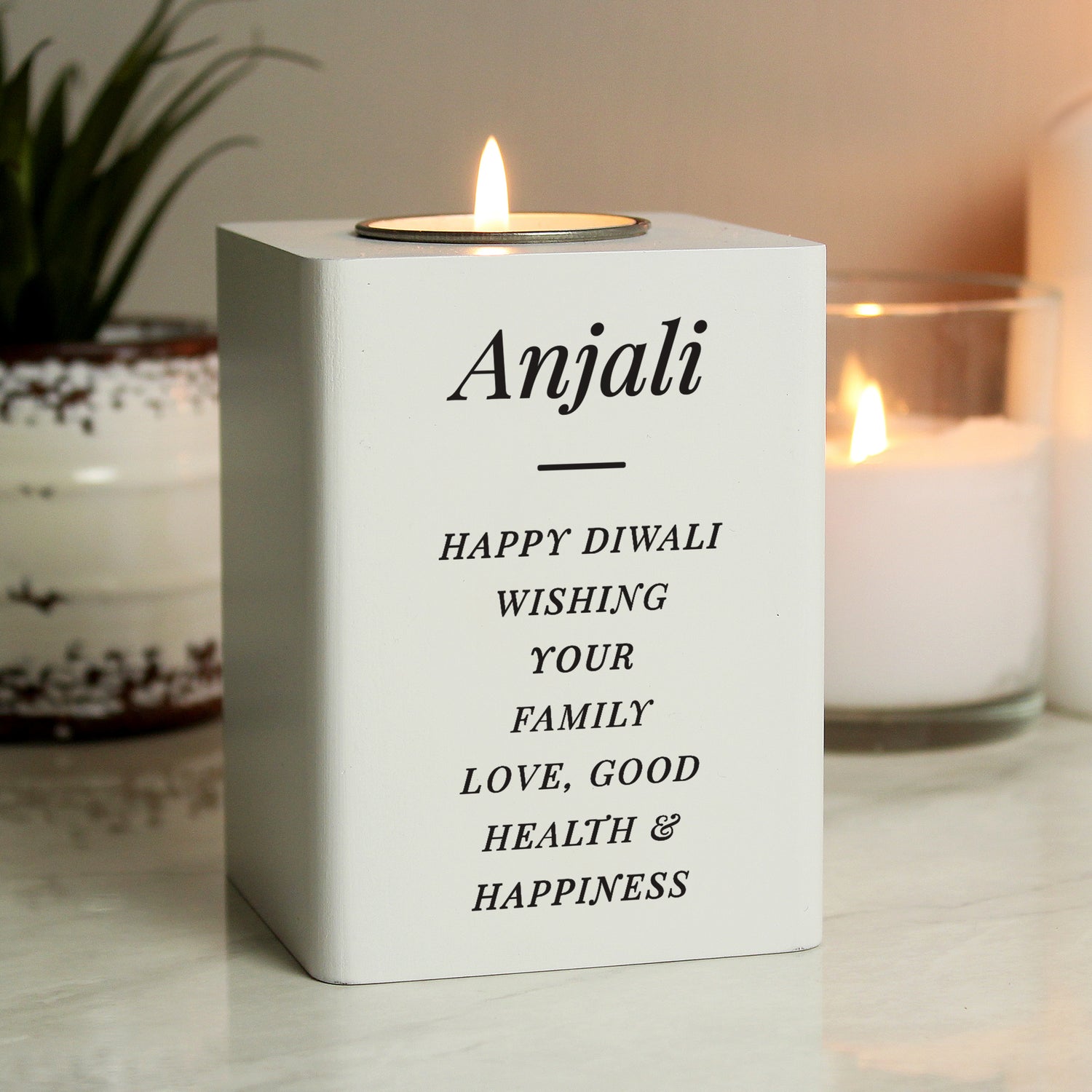 Personalised Free Text White Wooden Tea light Holder - gift & personalise