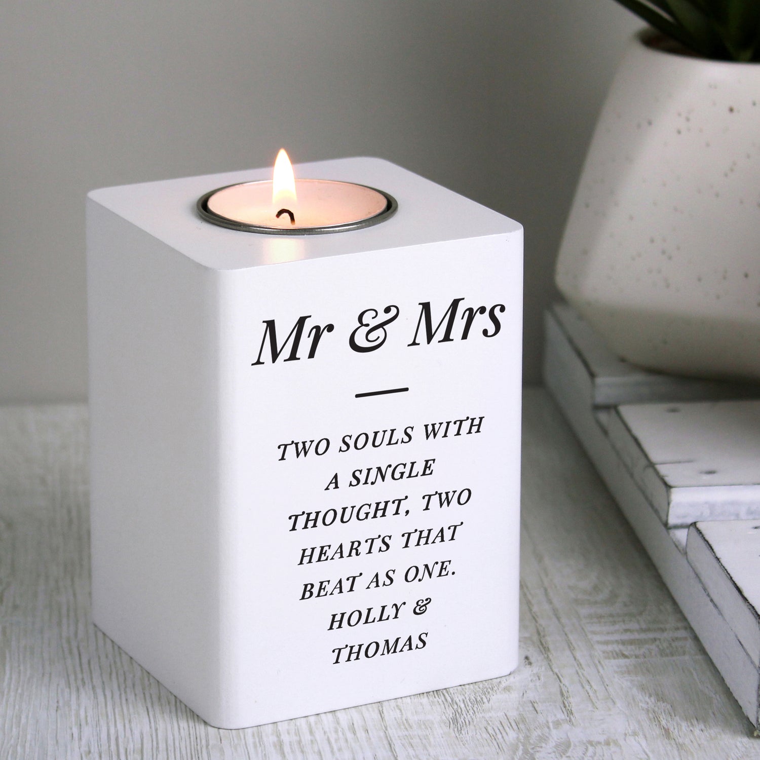 Personalised Free Text White Wooden Tea light Holder - gift & personalise